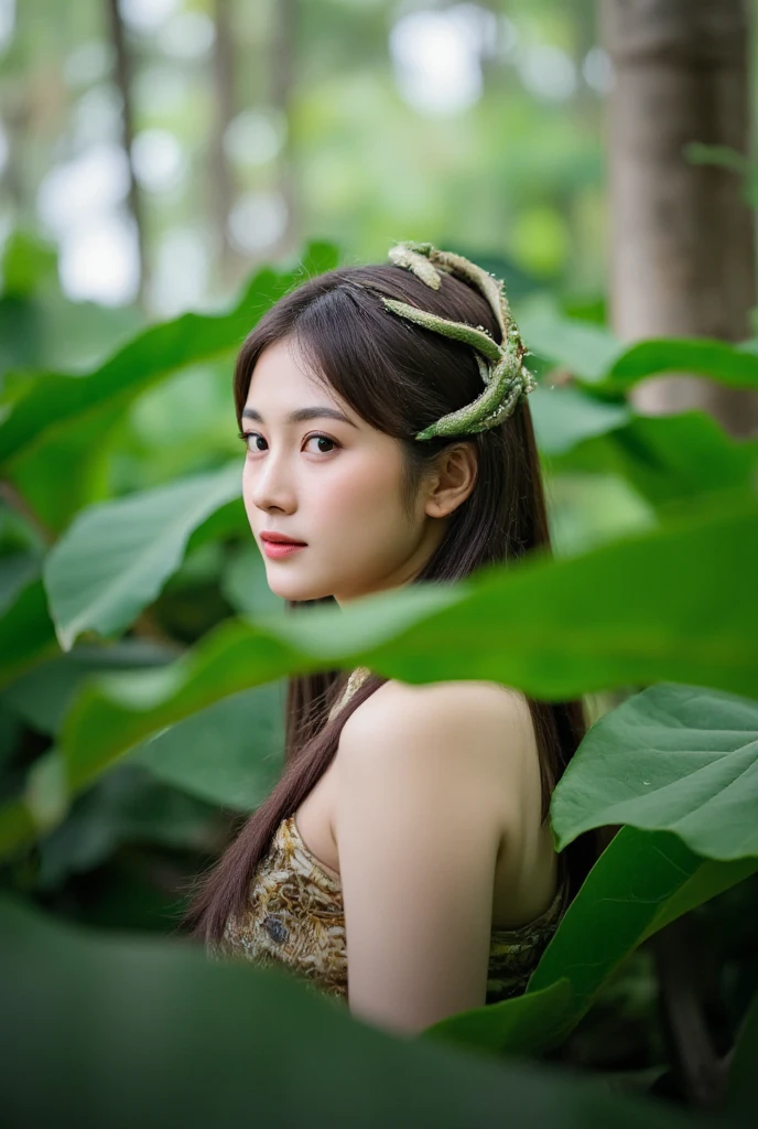 A beautiful woman's profile emerges from the verdant foliage,slightly chubby, turned to the camera, tresses comprised of sinuous serpents entwined with leaves. Soft, diffused light bathes the scene, casting an otherworldly glow. The composition juxtaposes primal power and lush greenery, as mythological themes unfold amidst a mystical forest landscape.,Flux