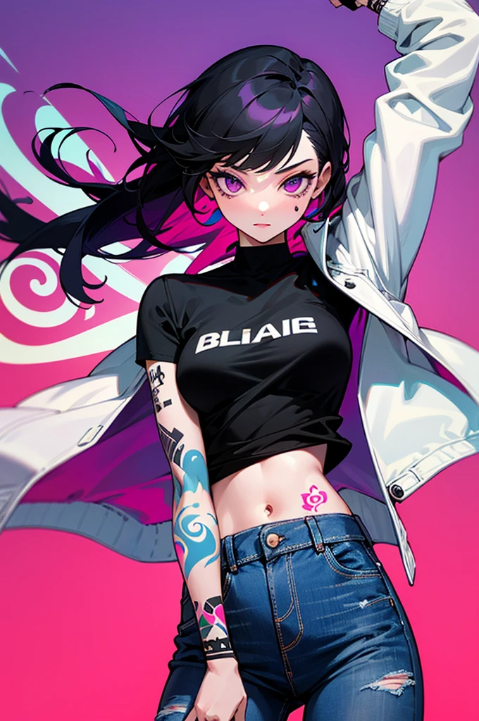 masterpiece,best quality,extremely clear 8k wallpaper,sidelighting, 1girl,absurdres,d.va1girl, solo, black t-shirt, white shirt, blue jeans, belt, lipstick, large breasts, layered sleeves