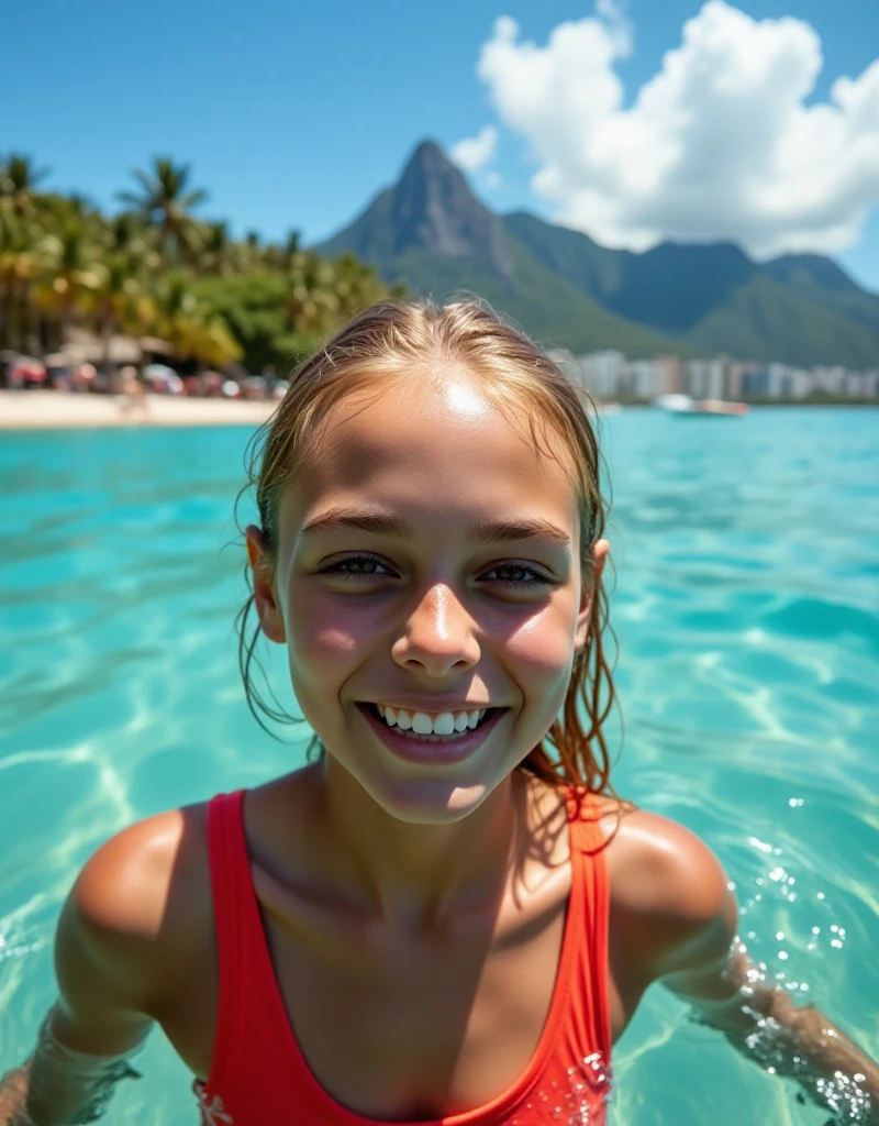 Cinematic Shot, Ultra-Realism, Top View, close-up photo of a young -yeld gi smile, in a sea bath. She is blonde and wearing a red, wet swimsuit, athletic body. She is in a cove, in the background, in blur, there is a city built in a lush, tropical nature and coconut groves, mountains, sunlight, intense blue sky, clear waters, vibrant colors, saturation, natural light, summer afternoon, taken with Canon EOS R 5, 60 mm, 8k --ar 16:9 --s 750 --v 6 stylize raw