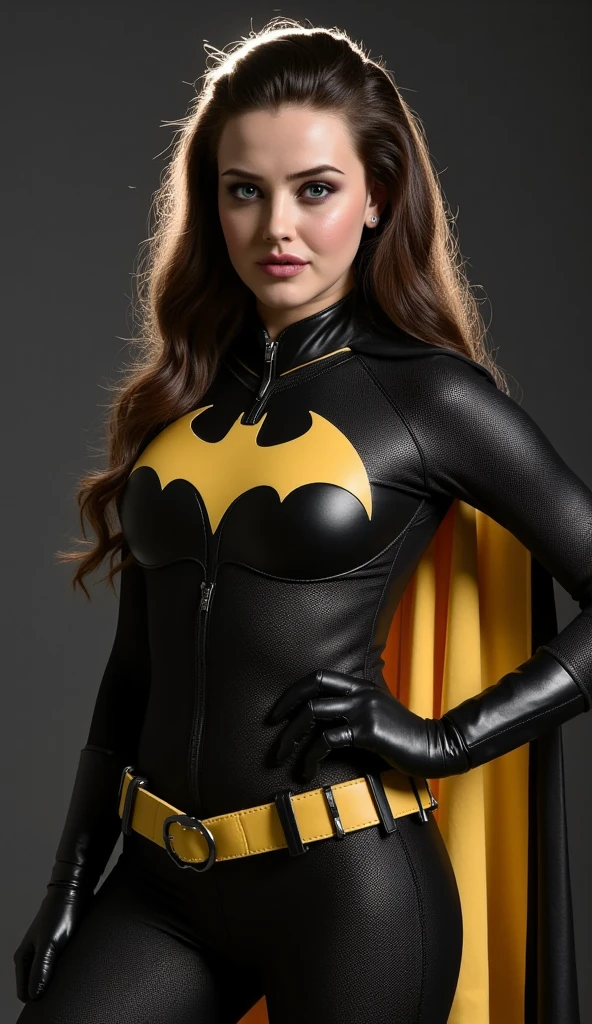 A fat woman is standing, wearing a Batgirl costume that fits her body elegantly. Her red hair is visible under her black costume mask., that partially covers your face. The costume is black with yellow details, including a cape that flows gracefully behind her. The yellow utility belt completes the look, and the costume is designed to confidently highlight your curves. She is in an empowered posture, reflecting a sense of strength and determination while the cape and costume details highlight her superhero look