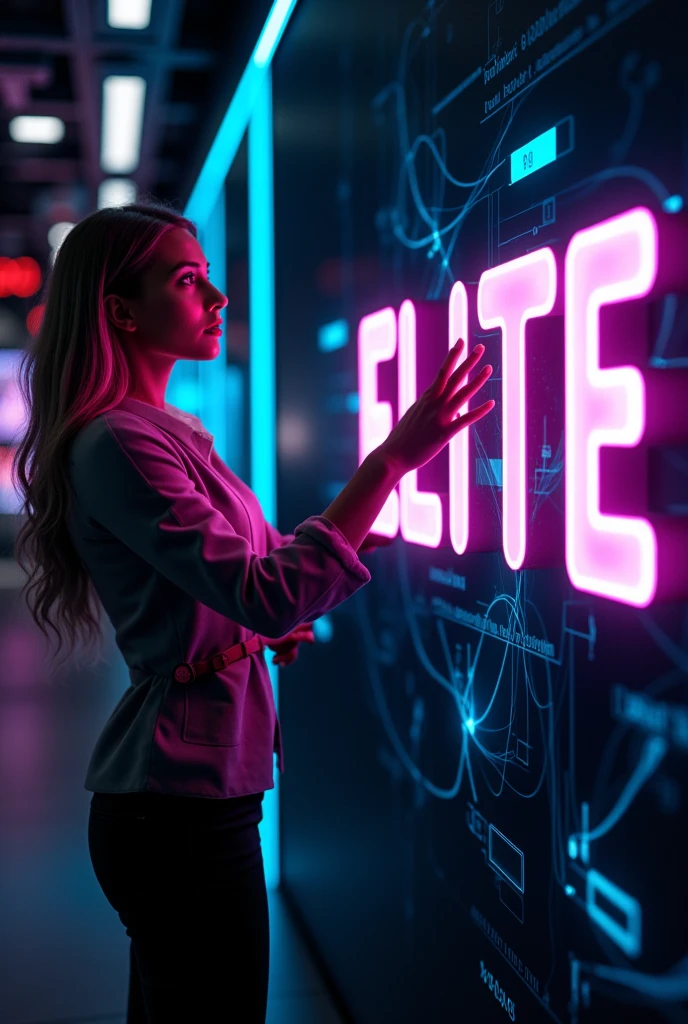  A woman pointing to a 3D hologram showing the word  "elite" in colorful neon tones .  The background is digital and dark ,  creating a striking contrast .  The scene conveys a sense of joy and modern technology.