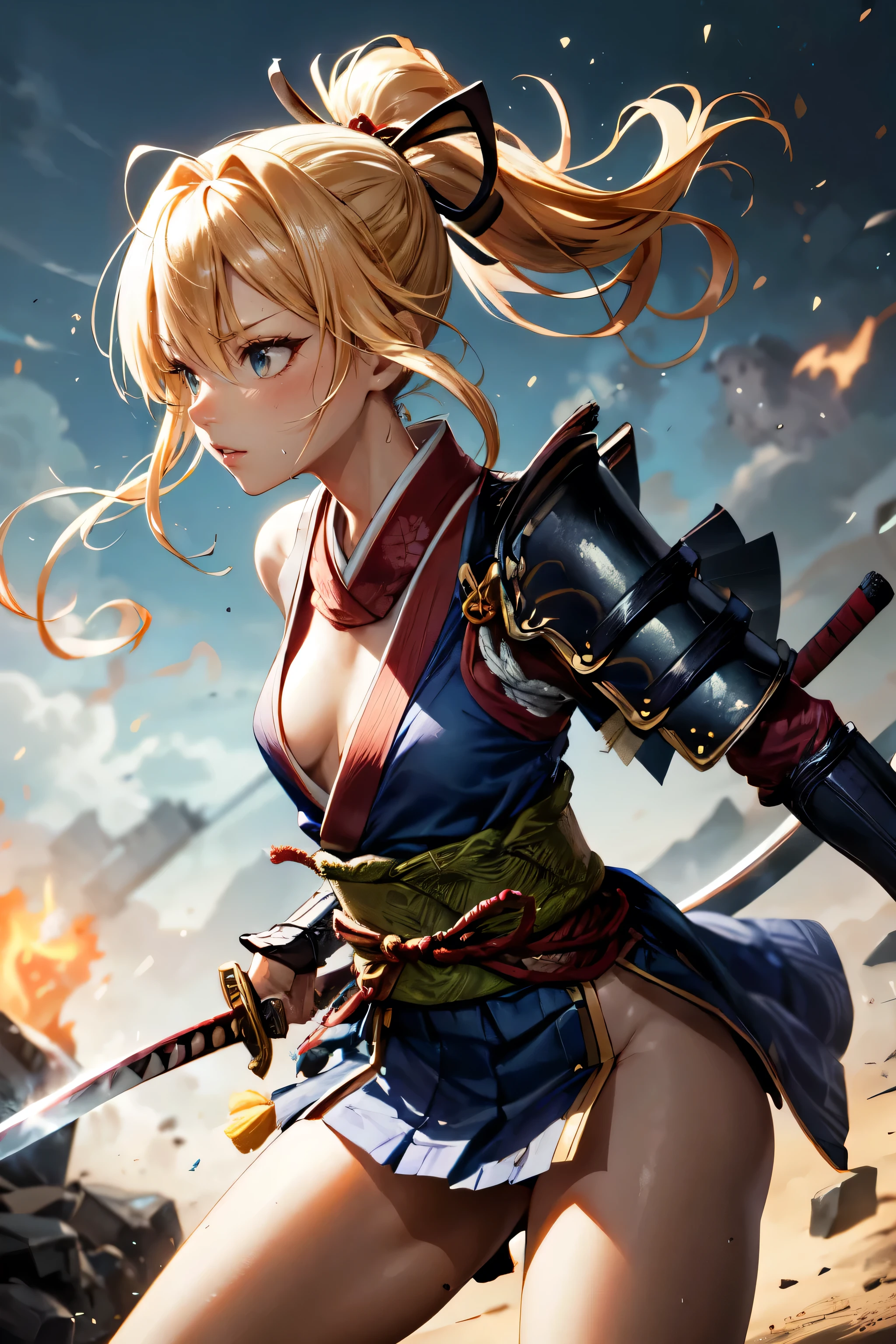 One Girl,anime,Anatomically correct, A series of character actions,,ponytail, masterpiece, Textured Skin, Action Painting, Heavy makeup, Brown Skin,Perfect Face,Perfect Eyes,Samurai,samurai,Sengoku Warlordsの鎧,Waist Armor,A blow with a sword,Small breasts,Thin thighs,Combat with enemies,Calm expression,Flame Attribute,Yellow Hair,Sengoku Warlords,Battle of Sekigahara,Glowing sword effect