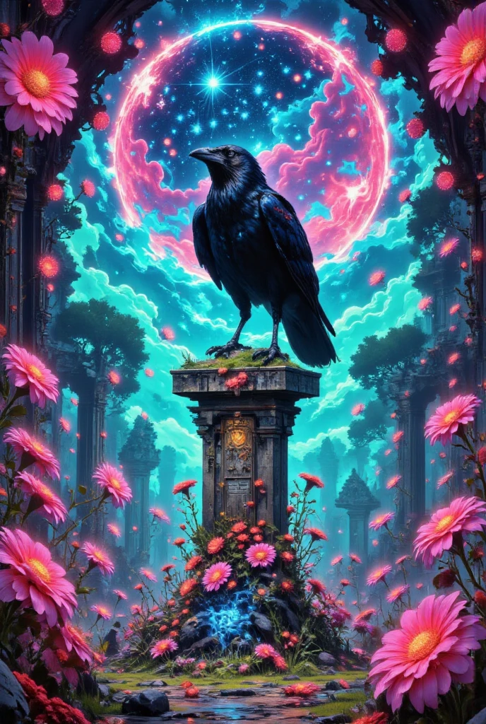 a crow perched on a tombstone in a graveyard, colorful ink splash art style, starry night sky, flowers, fog, colorful ink splash background, (best quality,4k,8k,highres,masterpiece:1.2),ultra-detailed,(realistic,photorealistic,photo-realistic:1.37),dark moody lighting,dramatic lighting,vibrant colors,intricate details,highly detailed,cinematic composition