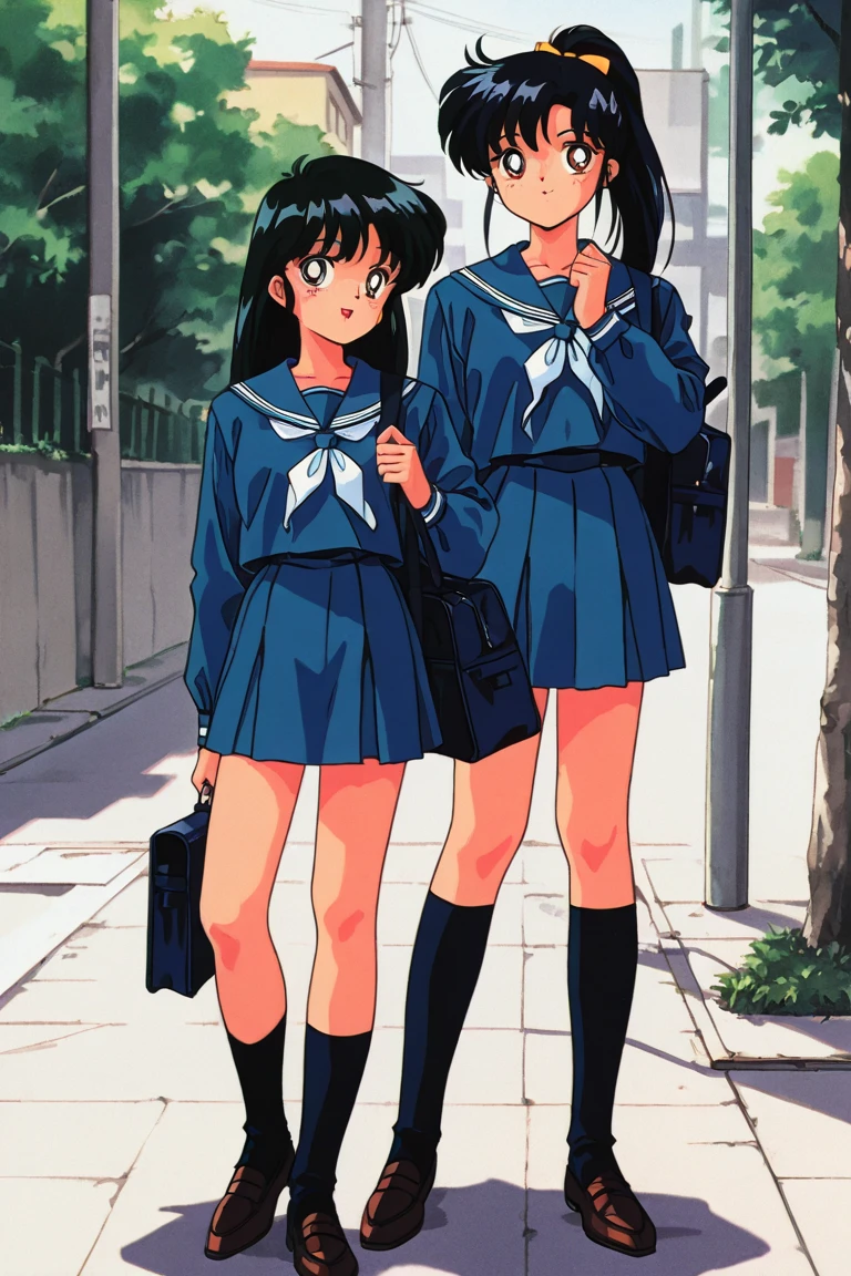 90s Style,  high school girl, uniform,   bluish black hair ,  ponytail , School bag, Residential Street