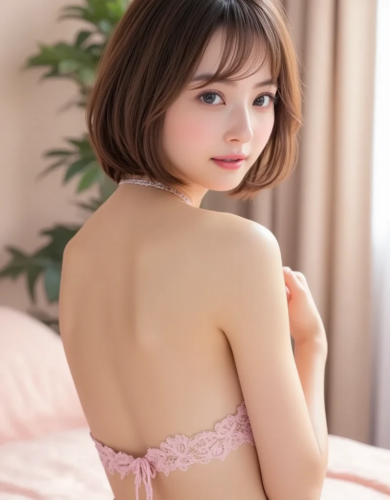 NSFW, (Highest quality), (Ultra-precise CG 16K wallpaper), (Realistic: 1.6), (High saturation), (Sharp), Beautiful detailed shading, Beautiful natural lighting, Beautiful detailed glow, Bright sunlight in the daytime, Natural light, Depth of field, (Mature 24 year old woman, One person: 1.6), (Very beautiful Japanese face), (Sasaki Nozomi), (Straight short bob hair, Bangs: 1.6), (Shiny black hair), (Sparkling eyes), (C cup size breasts, cleavage, slim thighs: 1.6), (Beautiful breasts), (Beautiful legs), (Beautiful skin), Beautiful proportions, (Half-open mouth, surprised face: 1.6), (Looking at me: 1.6), (Pink lace bikini lingerie: 1.6), (Wearing a choker), (Standing pose: 1.6), (Bedroom, bed, potted plant), (Full screen image:1.6), (head to thigh shot:1.6), (image of a woman seen from behind:1.6), (woman standing in a bedroom:1.6),