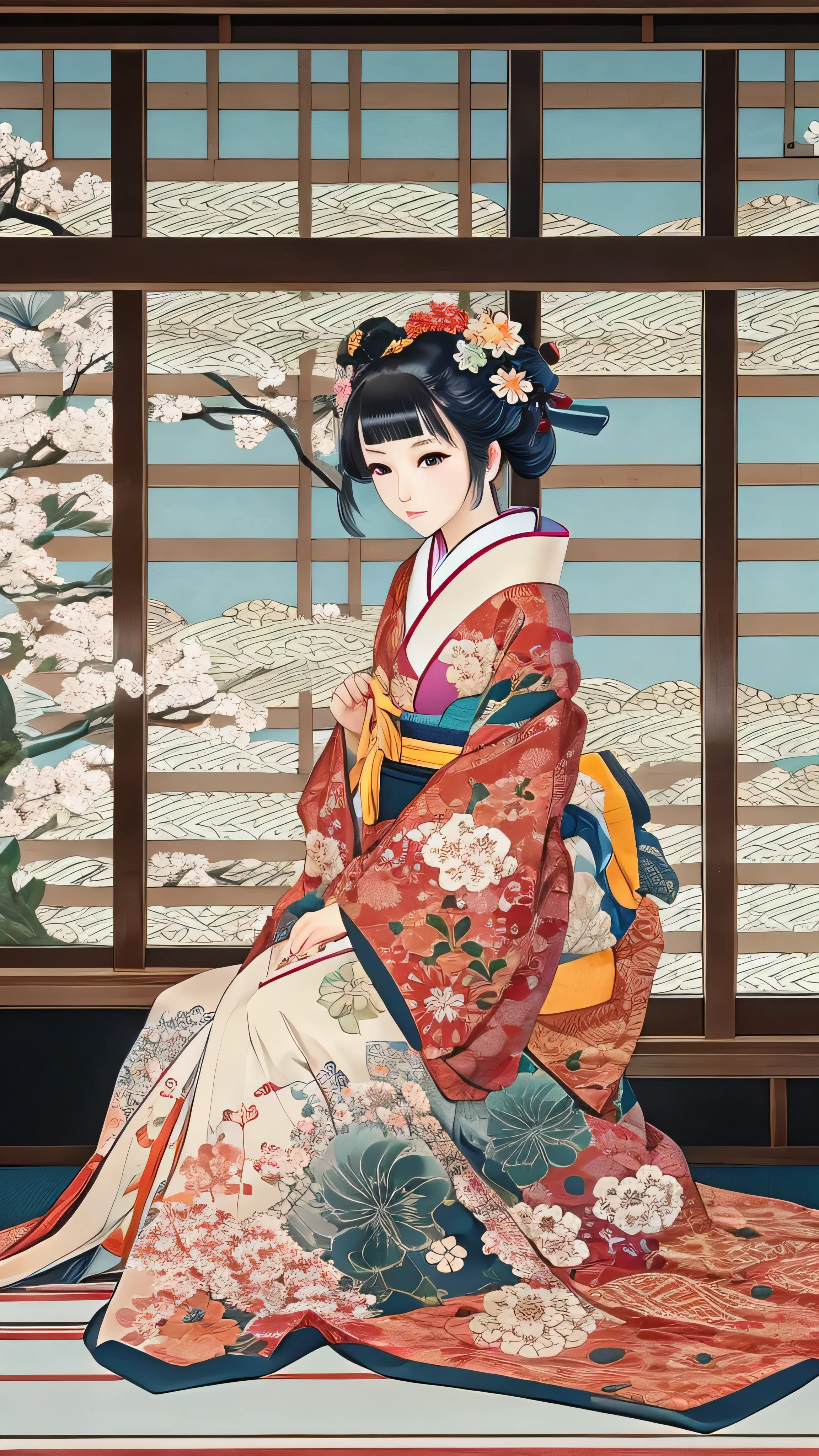  high-definition picture ，Katsushika Hokusai manga 　(beautiful eyes finely   Details, Look at the details,   Multi Colored Hair ),  kimono that looks like a yukata ,woman lying down、High-definition picture that looks like a swirling fire in the Katsushika Hokusai style ，Kimono beauty, face Details, Masterpiece,  the highest quality of Ukiyo-e ,   Details,  high-resolution image beauty 。