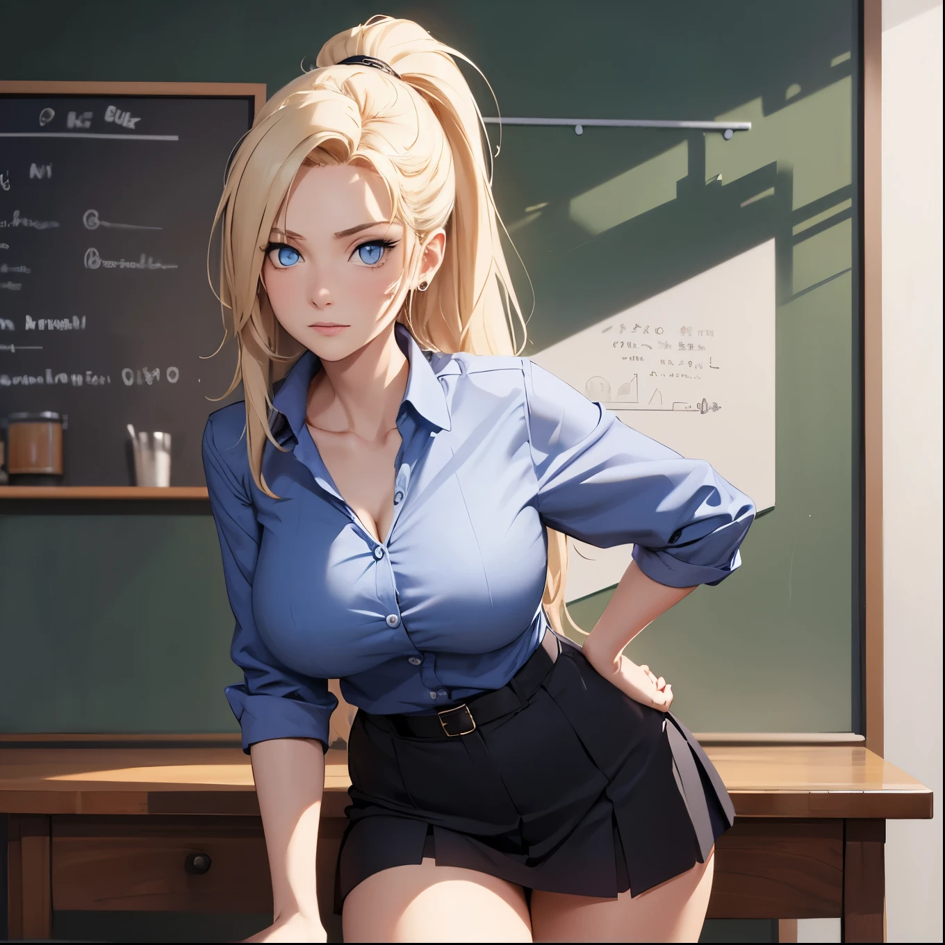 Blonde ponytail, busty, cleavage, unbuttoned , skirt, standing, smiling, (blushing:1.3), classroom background, leaning forward on table, (pov), glowing eyes, necklace, earrings, nsfw