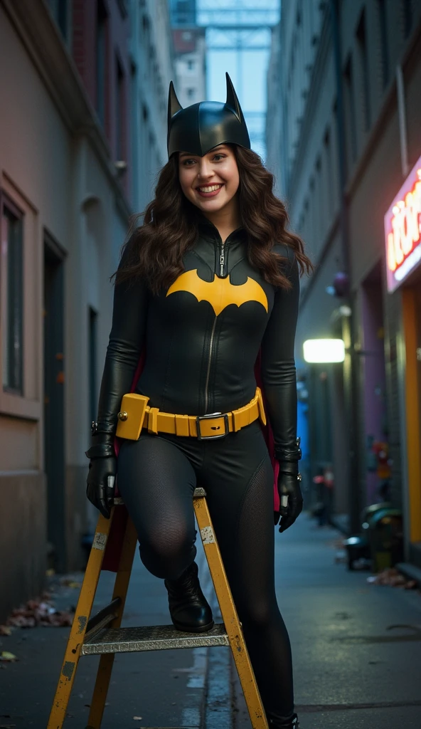 maeve batgirl fluttering skirt front a giant castle