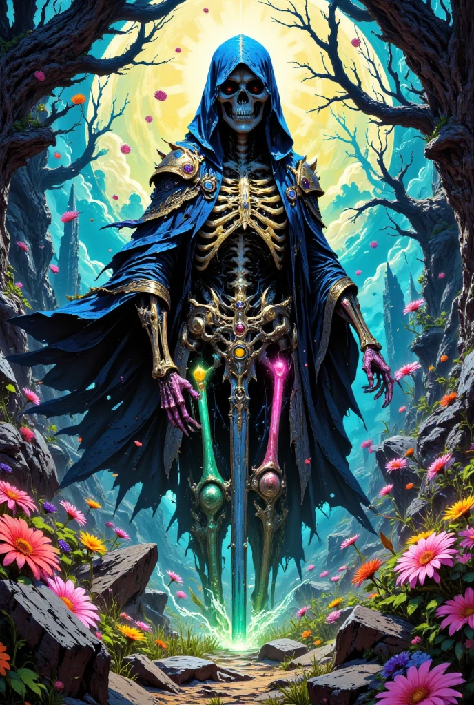 purple flower in a field of dead grass with a skull in the background, black lotus, dark flower shaman, alien flower, lolth, waterlily mecha nymphaea, lotus, 🌺 cgsociety, obsidian pomegranade, aura of power. detailed, alien flora, purple glowing core in armor, flowercore, artistic depiction, bloom. high fantasy