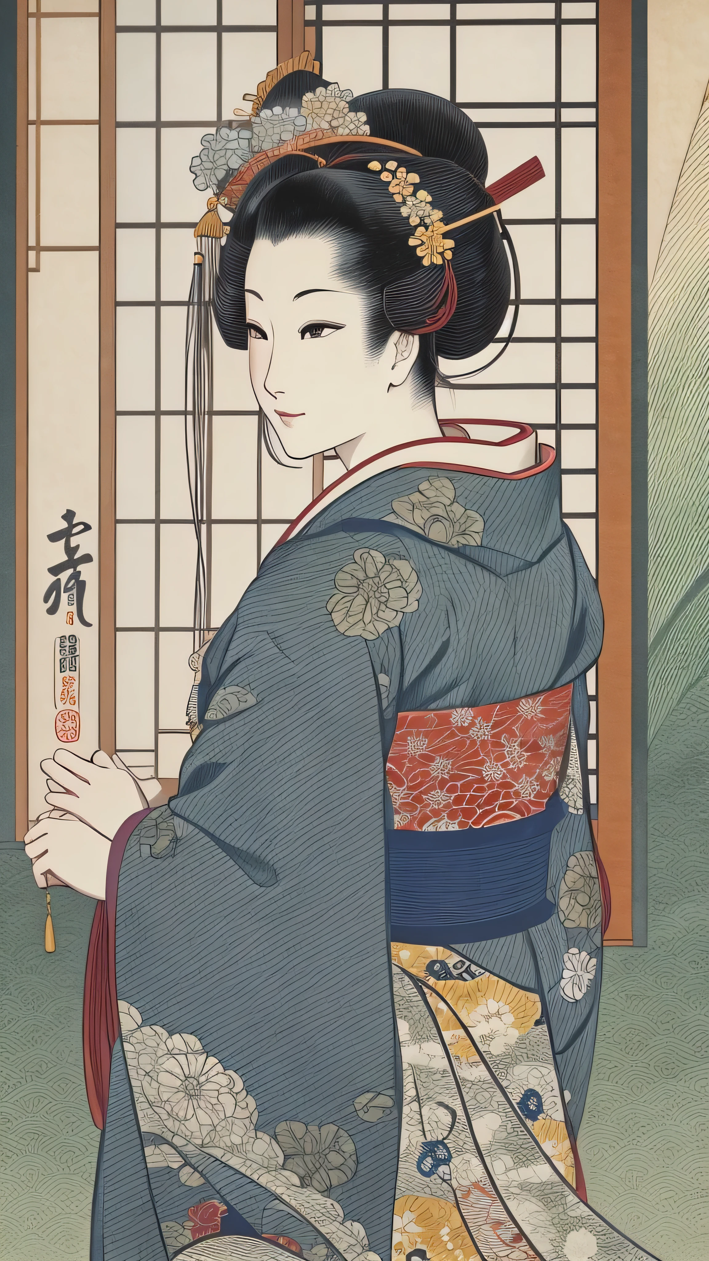  high-definition picture , Ukiyo-e's greatest masterpiece、Katsushika Hokusai manga  、 kimono that looks like a yukata ,　Smiling woman、High-definition picture that looks like a swirling fire in the Katsushika Hokusai style ,Kimono beauty,  face details, Masterpiece,  the highest quality of Ukiyo-e , Colorful Ukiyo-e 、Sea or mountain background details,  high-resolution image beauty 。