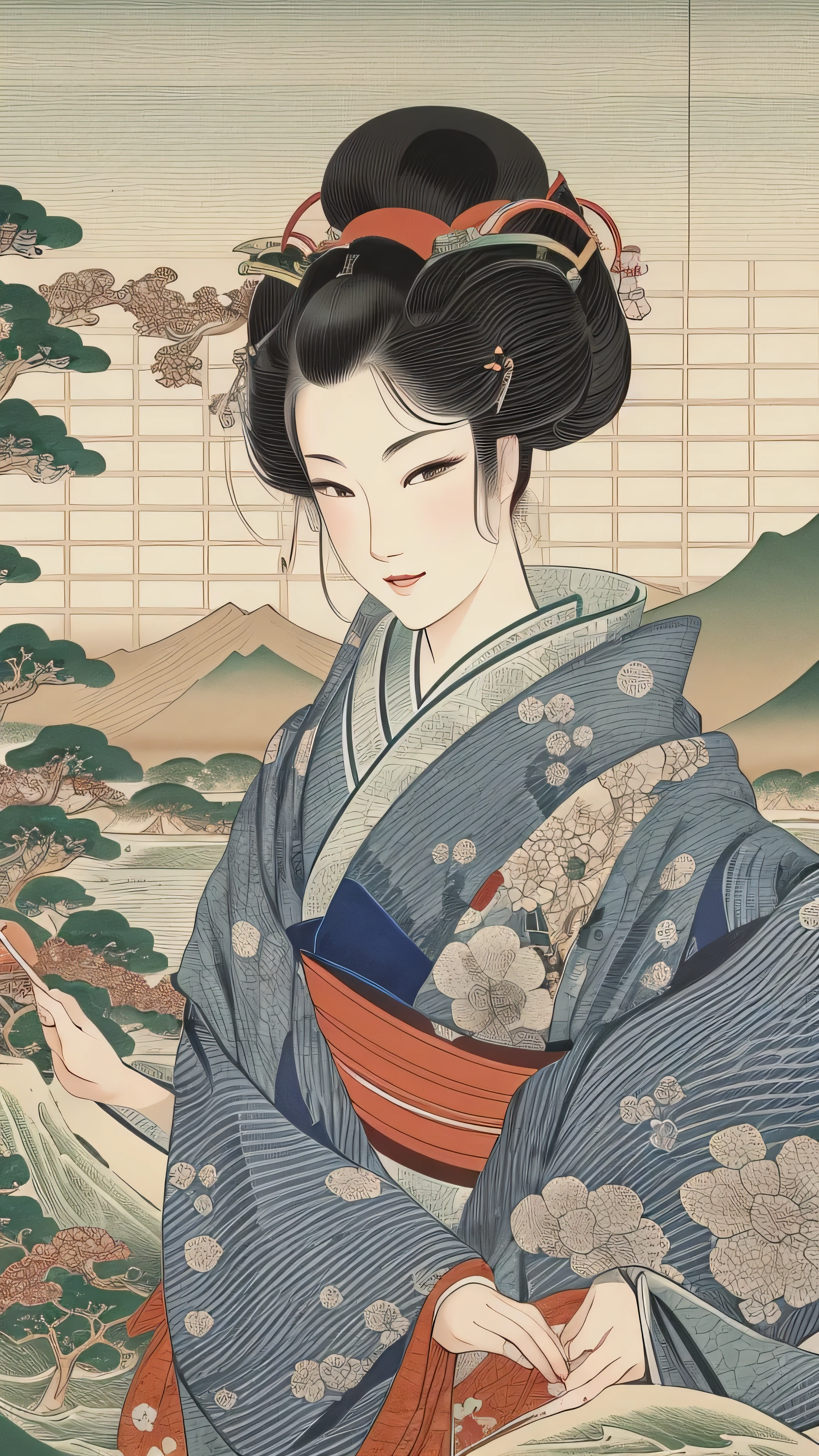  high-definition picture , Ukiyo-e's greatest masterpiece、Katsushika Hokusai manga  、 kimono that looks like a yukata ,　Smiling woman、High-definition picture that looks like a swirling fire in the Katsushika Hokusai style ,Kimono beauty,  face details, Masterpiece,  the highest quality of Ukiyo-e , Colorful Ukiyo-e 、Sea or mountain background details,  high-resolution image beauty 。