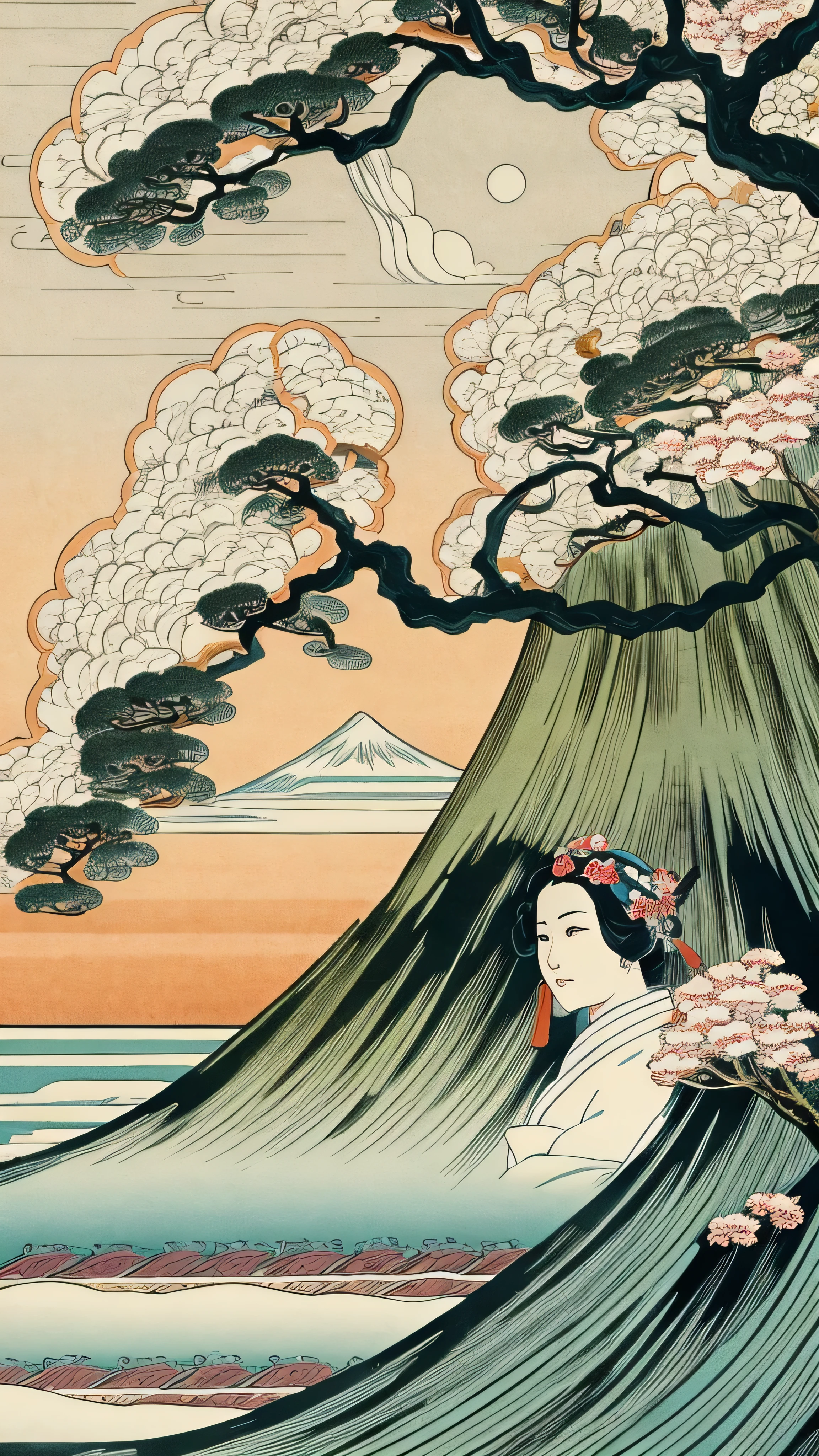  high-definition picture , Ukiyo-e's greatest masterpiece、Katsushika Hokusai manga  、 kimono that looks like a yukata ,　Smiling woman、High-definition picture that looks like a swirling fire in the Katsushika Hokusai style ,Kimono beauty,  face details, Masterpiece,  the highest quality of Ukiyo-e , Colorful Ukiyo-e 、Sea or mountain background details,  high-resolution image beauty 。