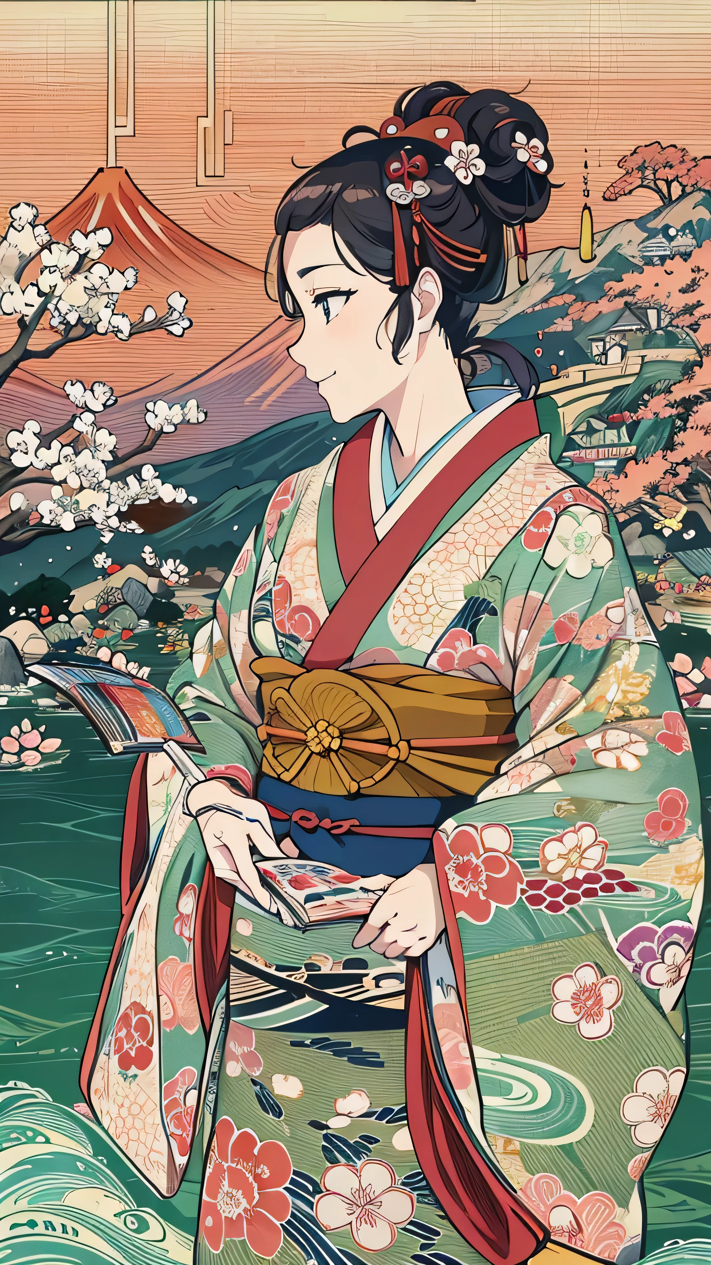  high-definition picture ,The greatest masterpiece of Ukiyo-e 、Katsushika Hokusai manga  、 kimono that looks like a yukata ,　Smiling woman、High-definition picture that looks like a swirling fire in the Katsushika Hokusai style ,Kimono beauty,  face details, Masterpiece,  the highest quality of Ukiyo-e , Colorful ukiyo-e、Sea or mountain background details,  high-resolution image beauty 。