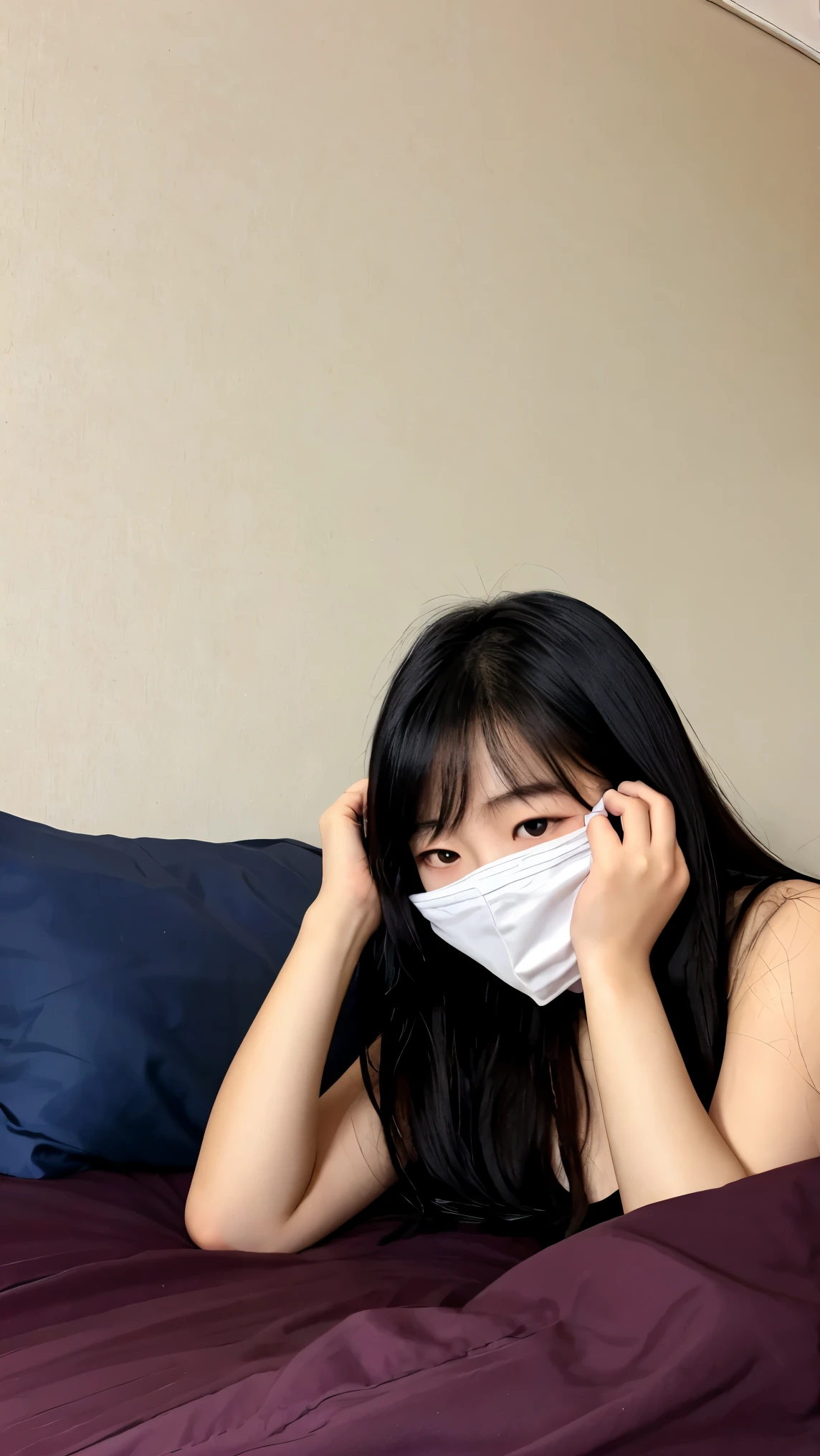 Korean girl hiding her face in bed 