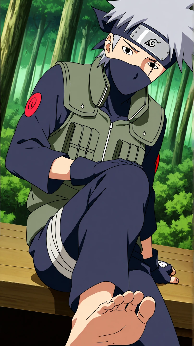 score_9, score_8_up,source_anime,
1boy, bare feet focus, kakashi, grey hair, covered mouth, mouth mask, black eyes, scar across eye, forehead protector, gloves, konohagakure symbol, mature, green vest, pants,
solo, looking at viewer, standing, cowboy shot, outdoors, forest, anime screencap, anime coloring  He is sitting on a couch while his bare feet (soles) are displayed in front of us on a table near the camera (our point of view)