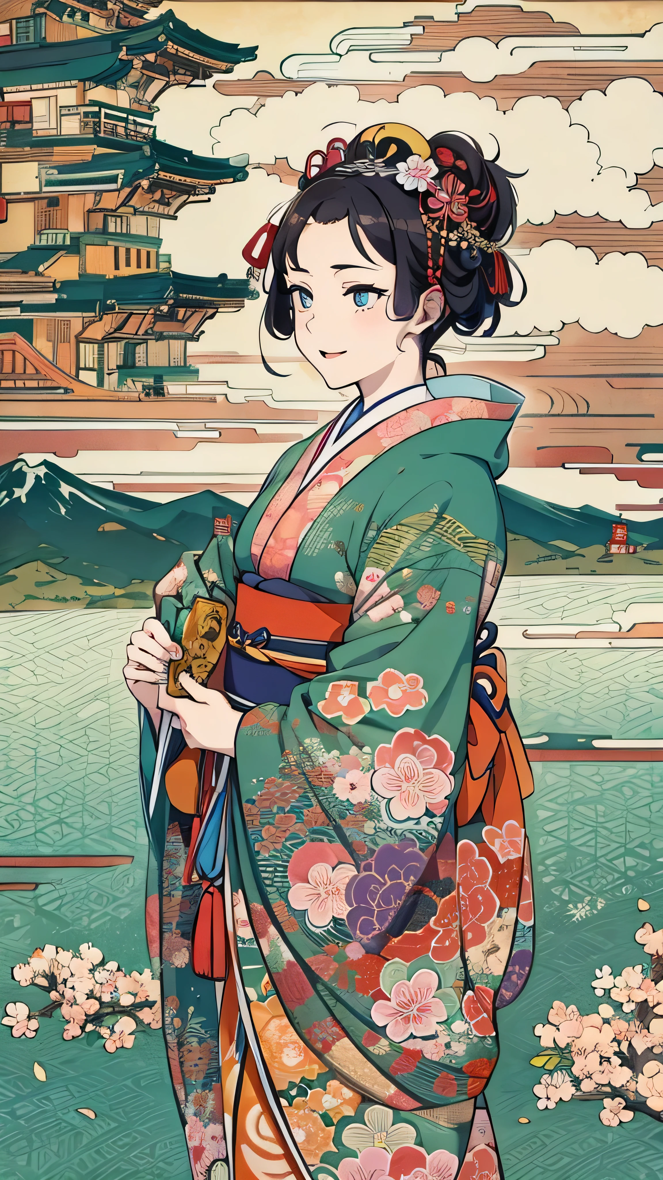  high-definition picture ,The greatest masterpiece of Ukiyo-e 、Katsushika Hokusai manga  、 kimono that looks like a yukata ,　Smiling woman、High-definition picture that looks like a swirling fire in the Katsushika Hokusai style ,Kimono beauty,  face details, Masterpiece,  the highest quality of Ukiyo-e , Colorful ukiyo-e、Sea or mountain background details,  high-resolution image beauty 。