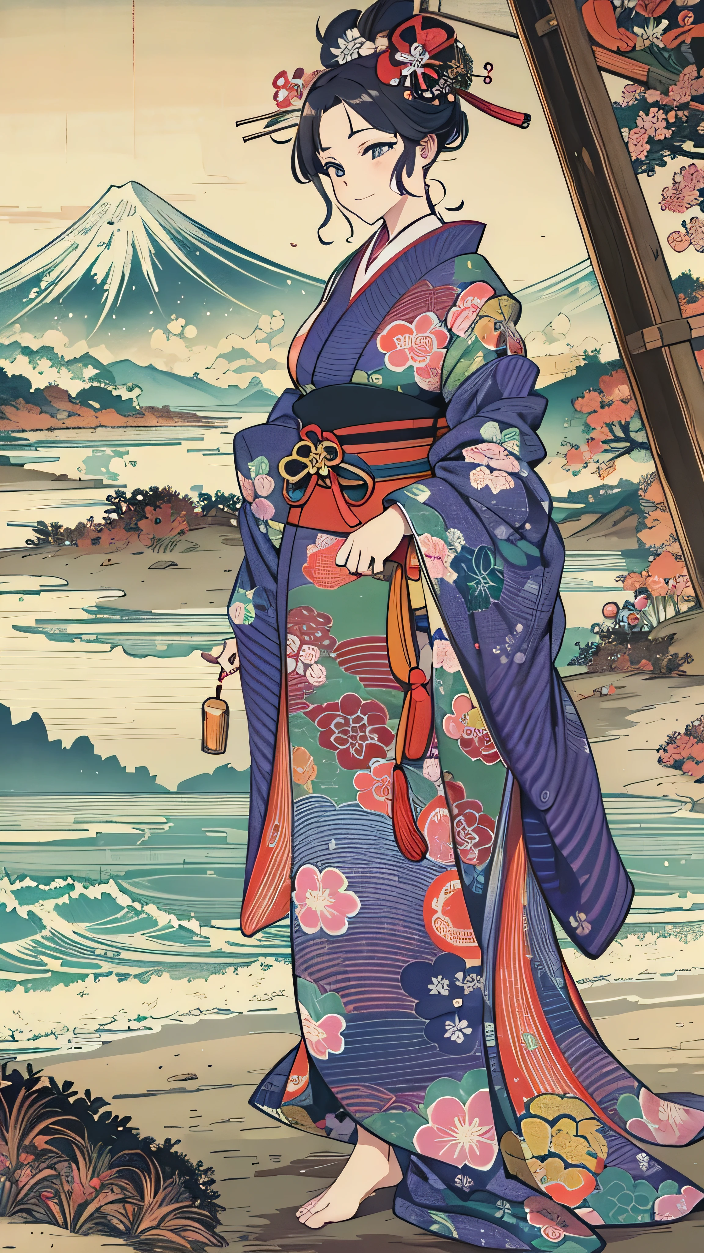  high-definition picture ,The greatest masterpiece of Ukiyo-e 、Katsushika Hokusai manga  、 kimono that looks like a yukata ,　Smiling woman、High-definition picture that looks like a swirling fire in the Katsushika Hokusai style ,Kimono beauty,  face details, Masterpiece,  the highest quality of Ukiyo-e , Colorful ukiyo-e、Sea or mountain background details,  high-resolution image beauty 。