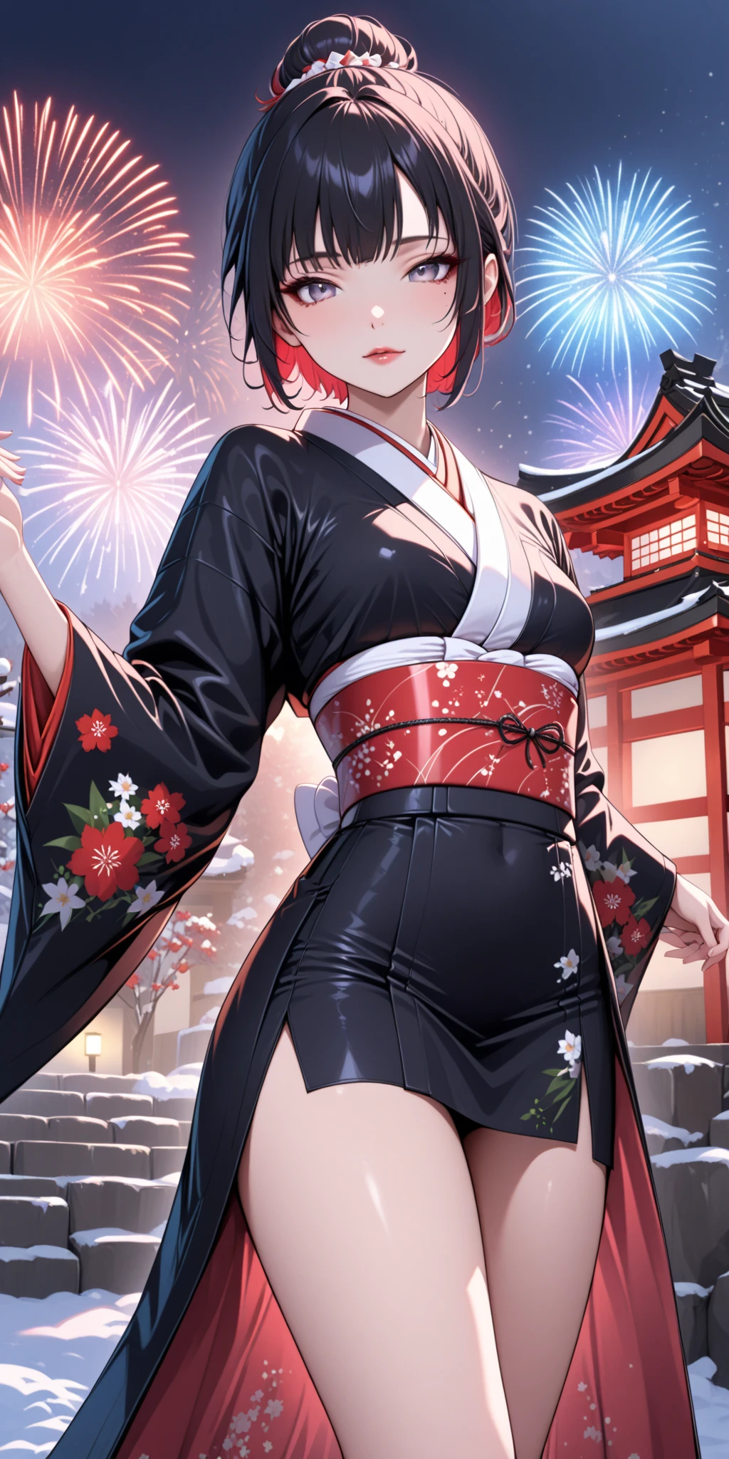 score_9, score_8_up, score_9_up, source_anime, ellenjoe, night, passionless, closed mouth, ellen joe, black hair,  sexy body, colored inner hair, multicolored hair, grey eyes, winter, hair tied back, beautiful face, hair tied up,  black kimono with red flowers pattern, stunning eyes, red hair, short hair, close-up,  two-tone hair, night, new year japanese temple, new year fireworks, morning, nostalgic face, elegant black and red kimono, short kimono, half open kimono, half open kimono, kimono open in the chest, dancing, short skirt kimono, white japanese stocking, small breasts, half opened kimono, red spider lily printing in the kimono, pink obi, winter,  winter dress, long skirt, lace collar, lace, sexy body,  small breasts, two-tone hair,  looking at viewer, beautiful eyes, solo, fantasy world, night, beautiful eyes