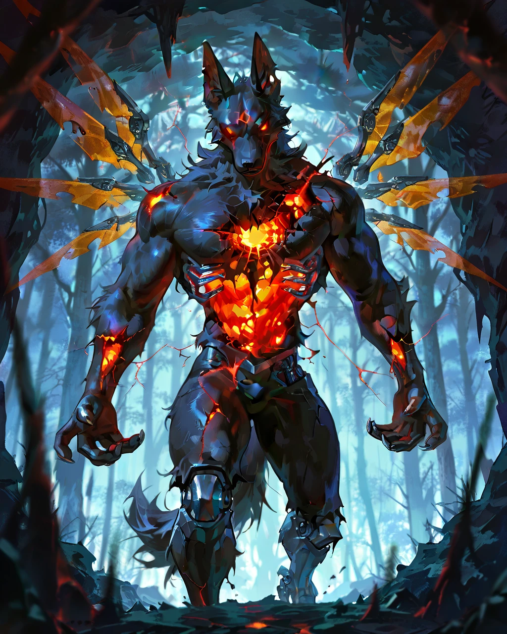 Best Quality, masterpiece, Ultra High Resolution, Detailed Background, (furry male), ( Black Cerberus furry ), metalic body, demonic, underground cave scenery, red glowing eyes, two pair of eyes, Anubis, muscle, (cracked belly:1.2, cracked arms:1.2), cracked chest, solo, male, infernal runes, with black fur, steel ribs, mechanical body, armored legs, metal claws, 4 robotic wings, perfect proportion, good anatomy, perfect anatomy