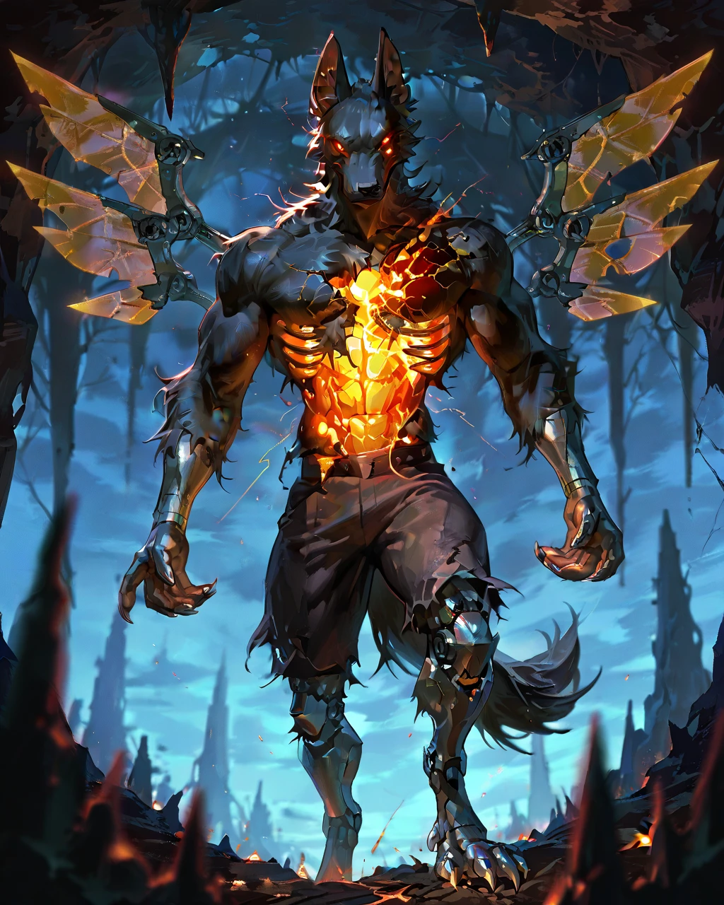 Best Quality, masterpiece, Ultra High Resolution, Detailed Background, (furry male), ( Black Cerberus furry ), metalic body, demonic, underground cave scenery, red glowing eyes, two pair of eyes, Anubis, muscle, (cracked belly:1.2, cracked arms:1.2), cracked chest, solo, male, infernal runes, with black fur, steel ribs, mechanical body, armored legs, metal claws, 4 robotic wings, perfect proportion, good anatomy, perfect anatomy