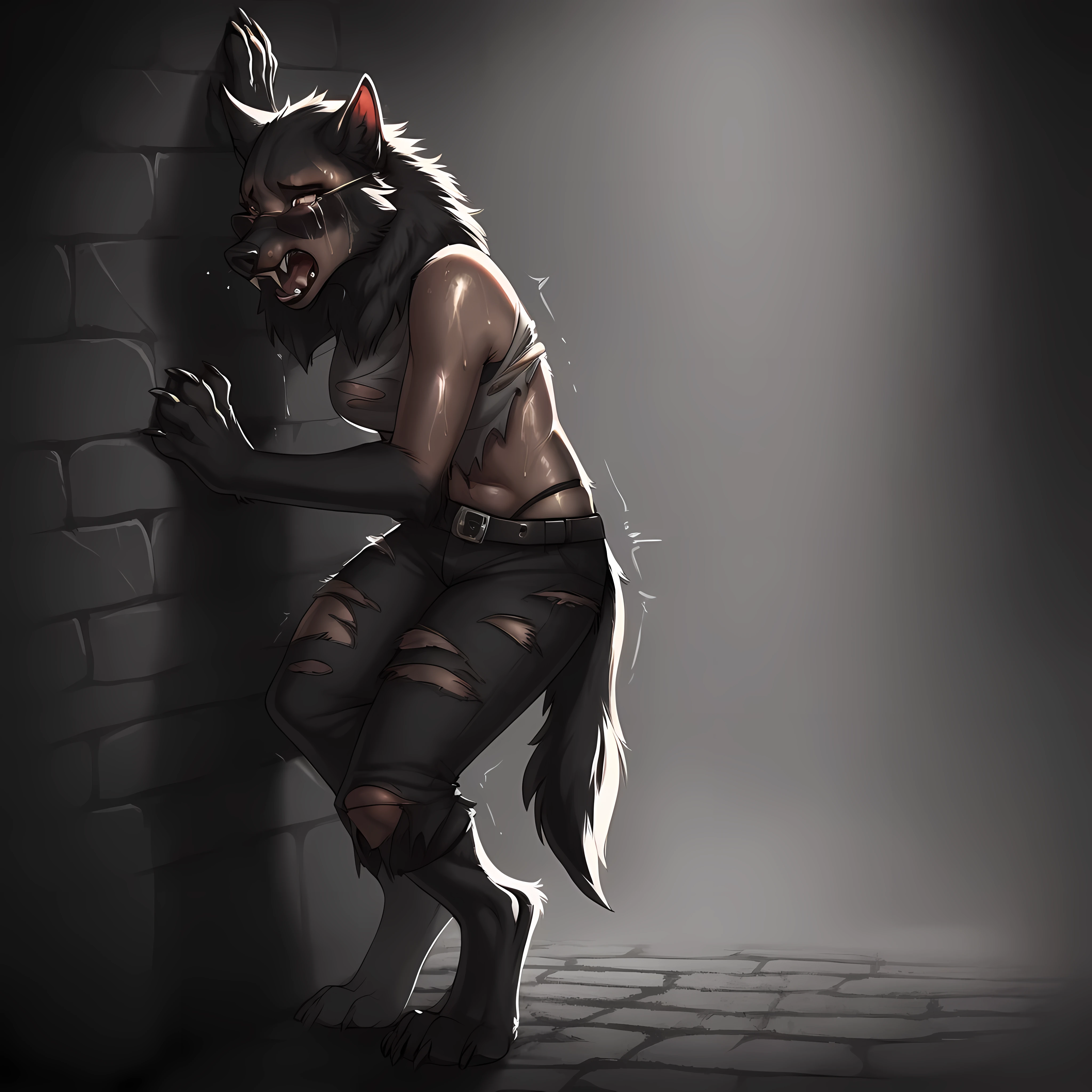 Werewolf transformation, human:1.3, [human: wolf:0.8], [arms: paws:0.8], against wall:1.1, fangs:0.8, female, [human skin: fur: 0.6], [human face: snout:0.5], wolf nose, detailed fur, shaking:1.1, crying, sweating, slobbering:1.2, in pain:0.8, scared:0.8, confused:0.8, torn clothes:1.1, deep night, darkness, (illustration, masterpiece, fantasy, deep shades, ultra detailed)