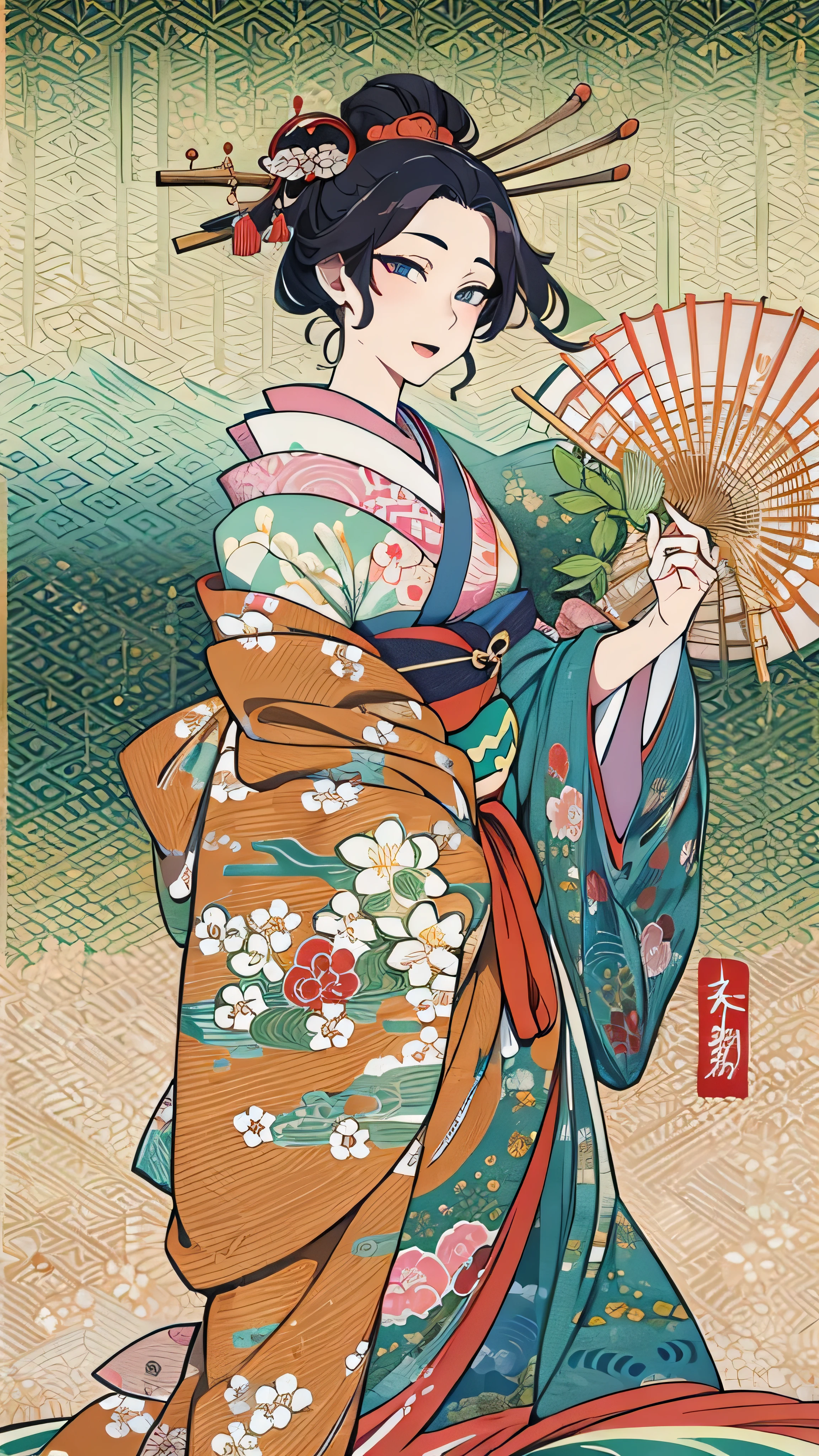  high-definition picture ,The greatest masterpiece of Ukiyo-e 、Katsushika Hokusai manga  、 kimono that looks like a yukata ,　Smiling woman、High-definition picture that looks like a swirling fire in the Katsushika Hokusai style ,Kimono beauty,  face details, Masterpiece,  the highest quality of Ukiyo-e , Colorful ukiyo-e、Sea or mountain background details,  high-resolution image beauty 。