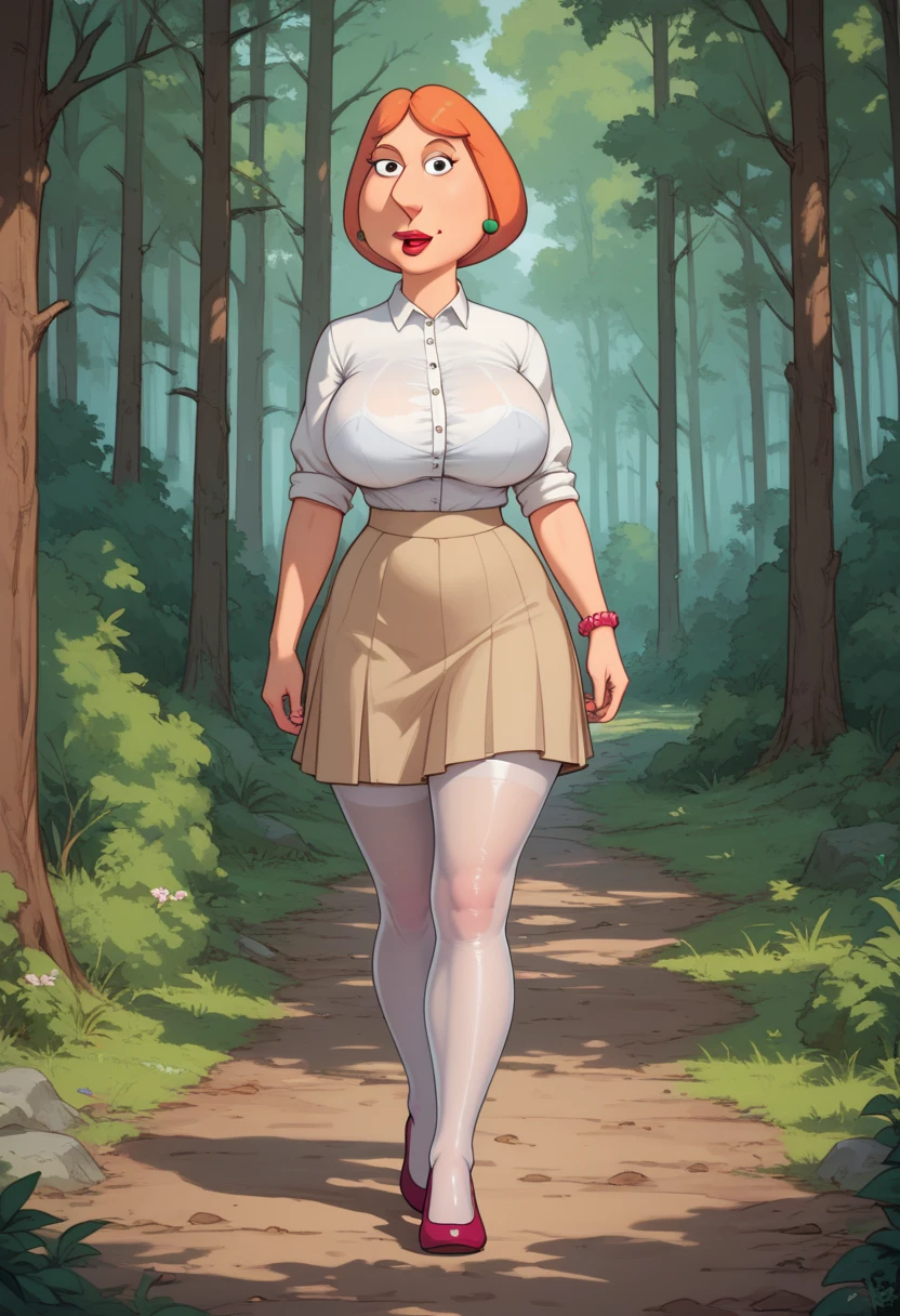 Lois Griffin. (skirt), ( White blouse )  transparent tights. Big breasts,  big butt clothing,  walking through a forest .