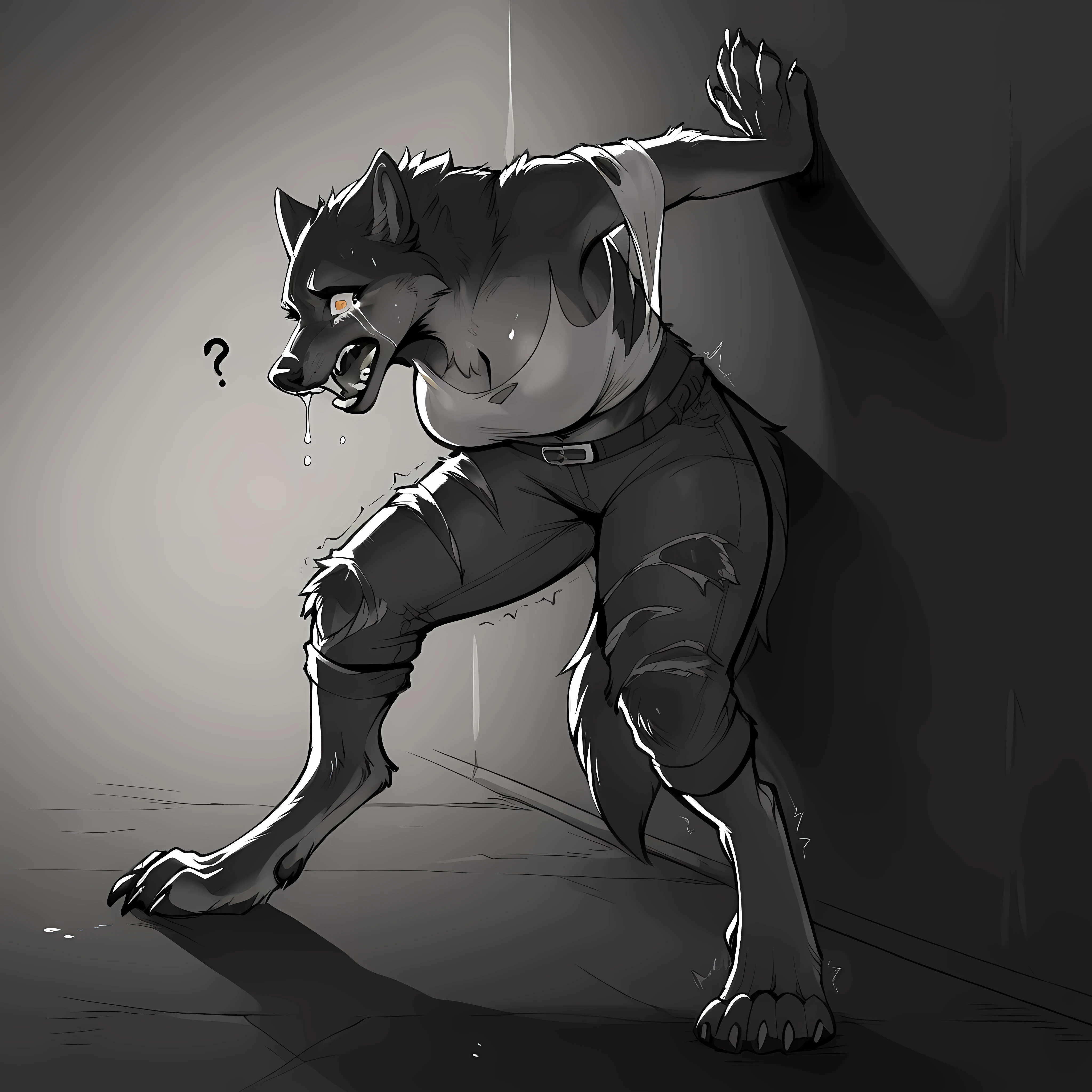 Werewolf transformation, human:1.3, [human: wolf:0.8], [arms: paws:0.8], against wall:1.1, fangs:0.8, female, [human skin: fur: 0.6], [human face: snout:0.5], wolf nose, detailed fur, shaking:1.1, crying, sweating, slobbering:1.2, in pain:0.8, scared:0.8, confused:0.8, torn clothes:1.1, deep night, darkness, (illustration, masterpiece, fantasy, deep shades, ultra detailed)