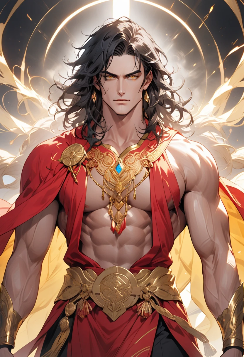 A majestic figure stands tall, with broad shoulders and a chiseled jawline. His long black hair is braided with gold threads, and his golden eyes seem to pierce through the air. He wears a crimson and gold robe that accentuates his muscular physique, with intricate embroidery that tells the story of his conquests. His presence is commanding, and his aura is one of unyielding power.
