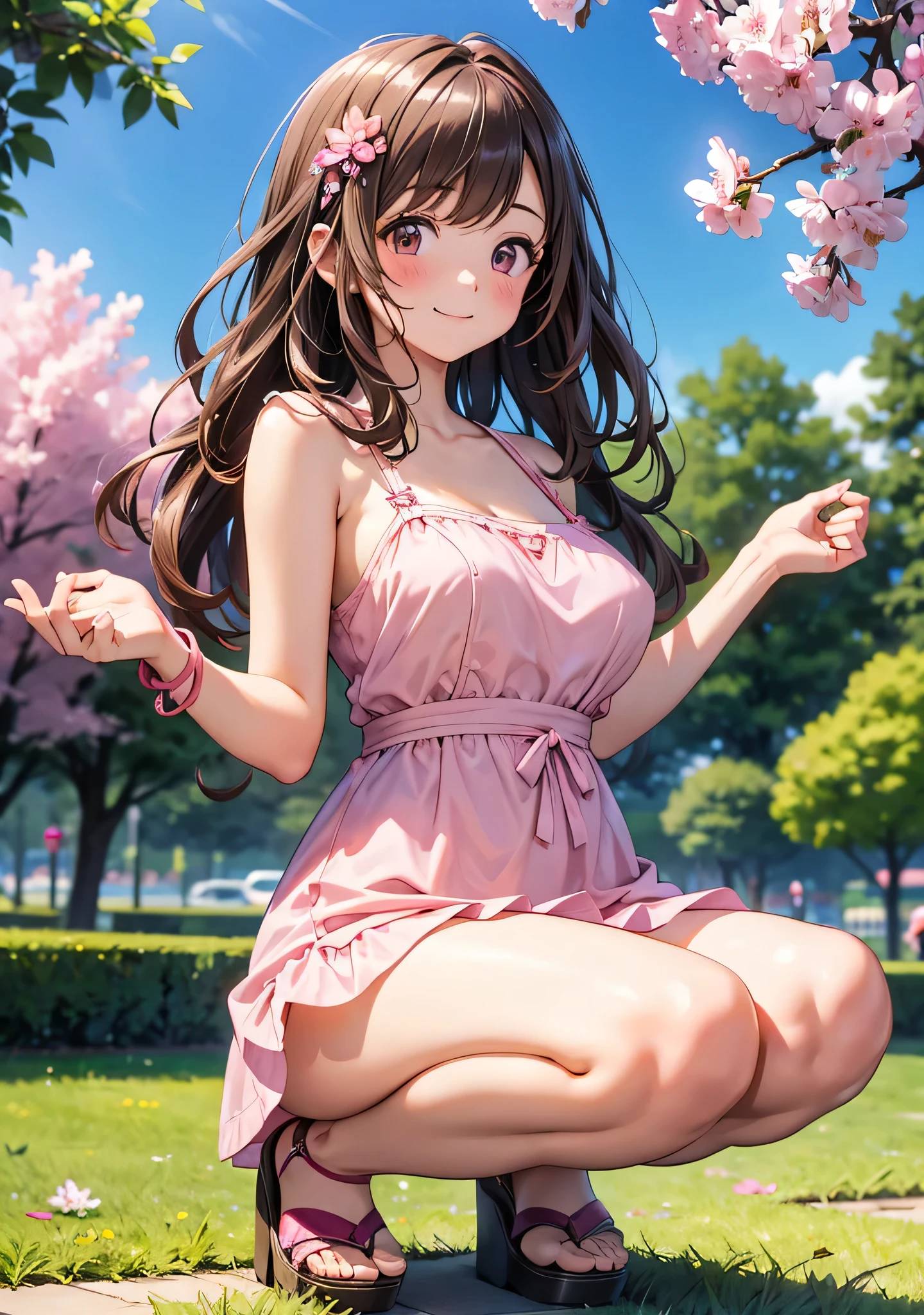 One Girl , solo, high definition, big breasts, Look away, blush, smiles, long hair, bangs, brown eyes, high definition, masterpiece, accurate, anatomically correct, won numerous awards, 最 High Quality , high detail , high image quality model, High Quality , retina, very detailed, Ultra Fine, brown hair, , ((( Pink Mini Dress ))), Highlight the whole body, Early summer Sapporo Odori Park background , Sandals, fish hooks , purple lilac blooming background, squats, pink underwear , Underwear is visible under the skirt,