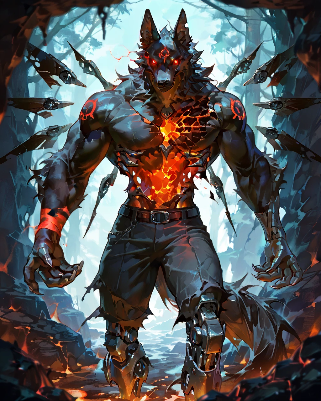 Best Quality, masterpiece, Ultra High Resolution, Detailed Background, (furry male), ( Black Cerberus furry ), metalic body, demonic, underground cave scenery, red glowing eyes, two pair of eyes, Anubis, muscle, (cracked belly:1.2, cracked arms:1.2), cracked chest, solo, male, infernal runes, with black fur, steel ribs, mechanical body, armored legs, metal claws, 4 robotic wings, perfect proportion, good anatomy, perfect anatomy