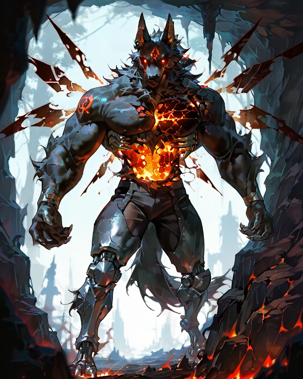 Best Quality, masterpiece, Ultra High Resolution, Detailed Background, (furry male), ( Black Cerberus furry ), metalic body, demonic, underground cave scenery, red glowing eyes, two pair of eyes, Anubis, muscle, (cracked belly:1.2, cracked arms:1.2), cracked chest, solo, male, infernal runes, with black fur, steel ribs, mechanical body, armored legs, metal claws, 4 robotic wings, perfect proportion, good anatomy, perfect anatomy