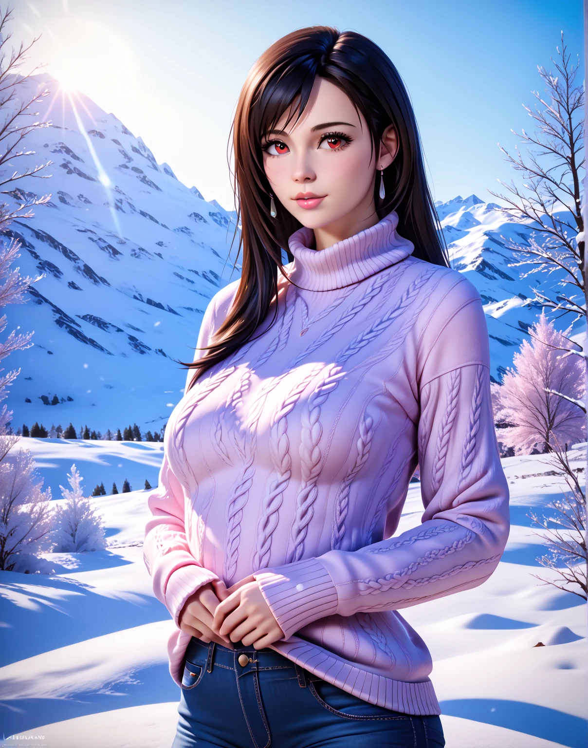 1girl, Tifa, extremely detailed portrait, beautiful detailed eyes, beautiful detailed lips, longeyelashes, intimate gaze, loving expression, snow falling, winter scenery, cozy sweater, jeans, (best quality,4k,8k,highres,masterpiece:1.2),ultra-detailed,(realistic,photorealistic,photo-realistic:1.37),warm lighting,soft pastel colors,intricate details,emotive,tender,romantic