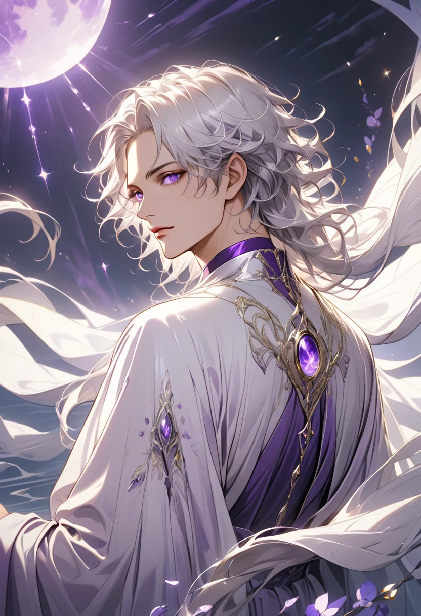 A vision of elegance stands before you, with delicate features and an ethereal beauty. His flowing silver-white hair cascades down his back like a river of moonlight, and his violet eyes sparkle with a hint of mischief. He wears a flowing purple and silver robe with intricate embroidery, which seems to shimmer and shine in the light. His presence is refined, and his aura is one of subtle seduction.
