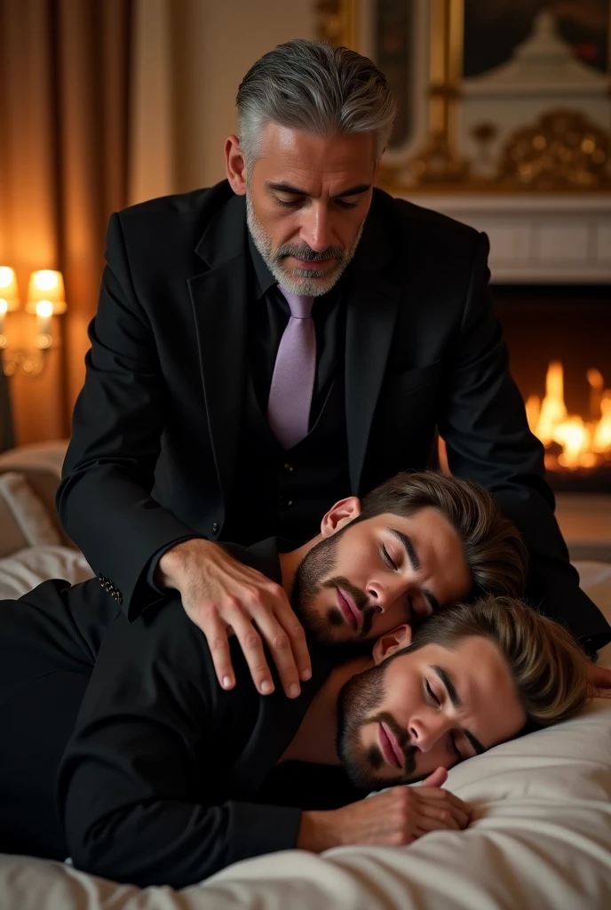 Gay couple, in underwear sitting on the bed leaning against the headboard, with a waiter serving them drinks, both of them looking at the waiter 
