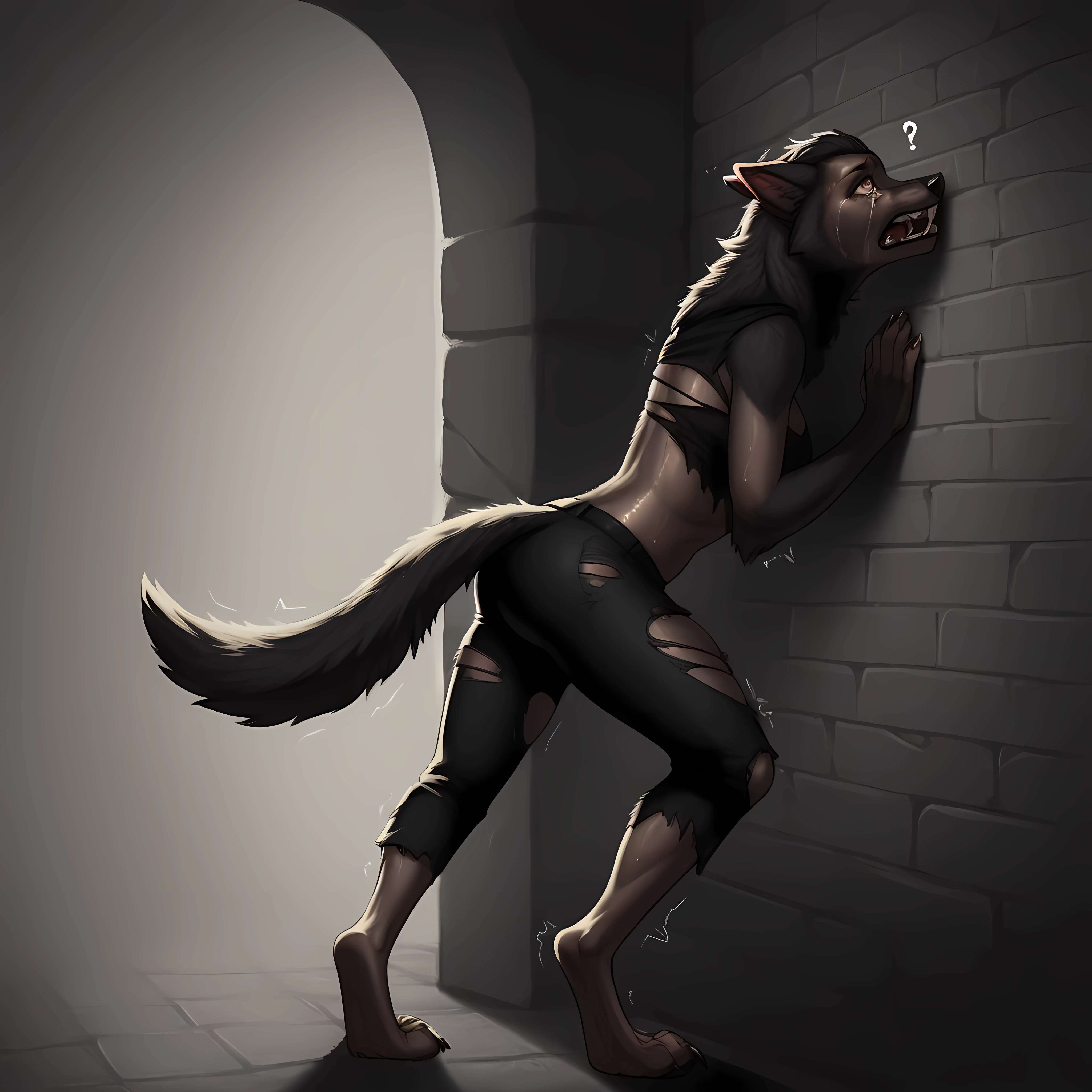 Werewolf transformation, human:1.3, [human: wolf:0.8], [arms: paws:0.8], against wall:1.1, fangs:0.8, female, [human skin: fur: 0.6], [human face: snout:0.5], wolf nose, detailed fur, shaking:1.1, crying, sweating, slobbering:1.2, in pain:0.8, scared:0.8, confused:0.8, torn clothes:1.1, deep night, darkness, (illustration, masterpiece, fantasy, deep shades, ultra detailed)