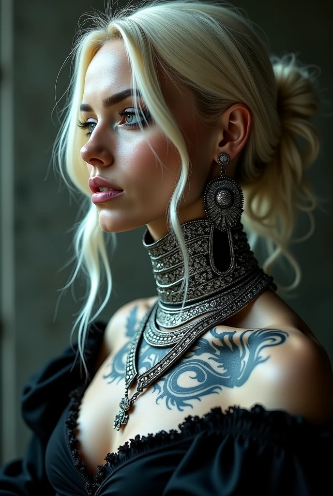 an young Viking warrior girl , wide angle shot, (white crop top:1.2), small breast, black and blue leather, tattoo, hyper detailed, ultra sharp, long auburn hair in braids, 8k, (insanely detailed:1.5), full body photograph, 20 megapixel, canon eos r3, detailed skin, pale skin