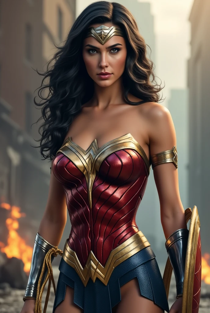 (  masterpiece ,  realistic ,  perfect girl,  photograph ,  high resolution and definition  ), DC Comics: Wonder Woman,  in a sensual and erotic pose,  tight suit, long loose black hair, nice image detail ,  Beautiful legs ,  detailed face , light eyes,  beautiful butt ,  slender and detailed body, Big breasts.  Great detail of the background and environment. In a random location ,  exciting, Ribbon of Truth and Wonder Woman's Shield.