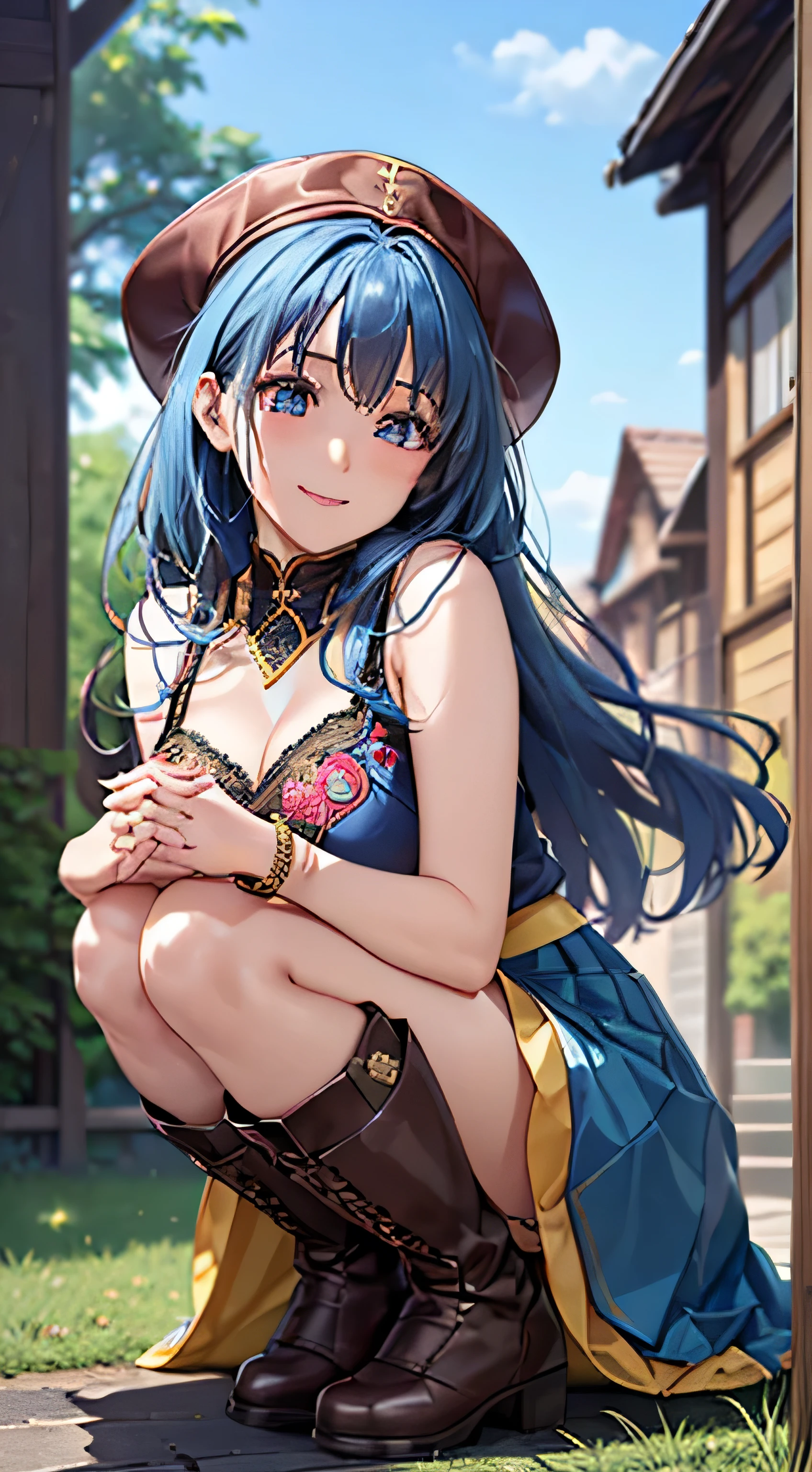 ((masterpiece, top quality , High Definition , , perfect pixels , 4K, ))), 1 Woman , 、 I can see my whole body 、 ((( light blue straight hair ))),( bangs, ), (( beautiful eyes, beautiful eyelashes, Real Eyes )), (( detail face , )), (( Smooth Texture :0.75, realistic texture :0.65, photorealistic:1.1, anime CG style)), upturned chest, dynamic angle, perfect body, ((luxury embroidered priest costume 、( gorgeous blue 、 blue long tabert )、 bracelet 、 Blue priest hat 、、 brown leather boots 、 Ring of Gold ))、Castle Town Gate 、、、 gravure idol style pose、 very embarrassed expression、A cute smile that turned bright red 、 、 the wind is blowing 、 ((( A cute smile whose skirt was lifted up by the wind )))、(、 、、 pink and black lace panties 、)、Sit on the grass、Sit with your hands behind your back