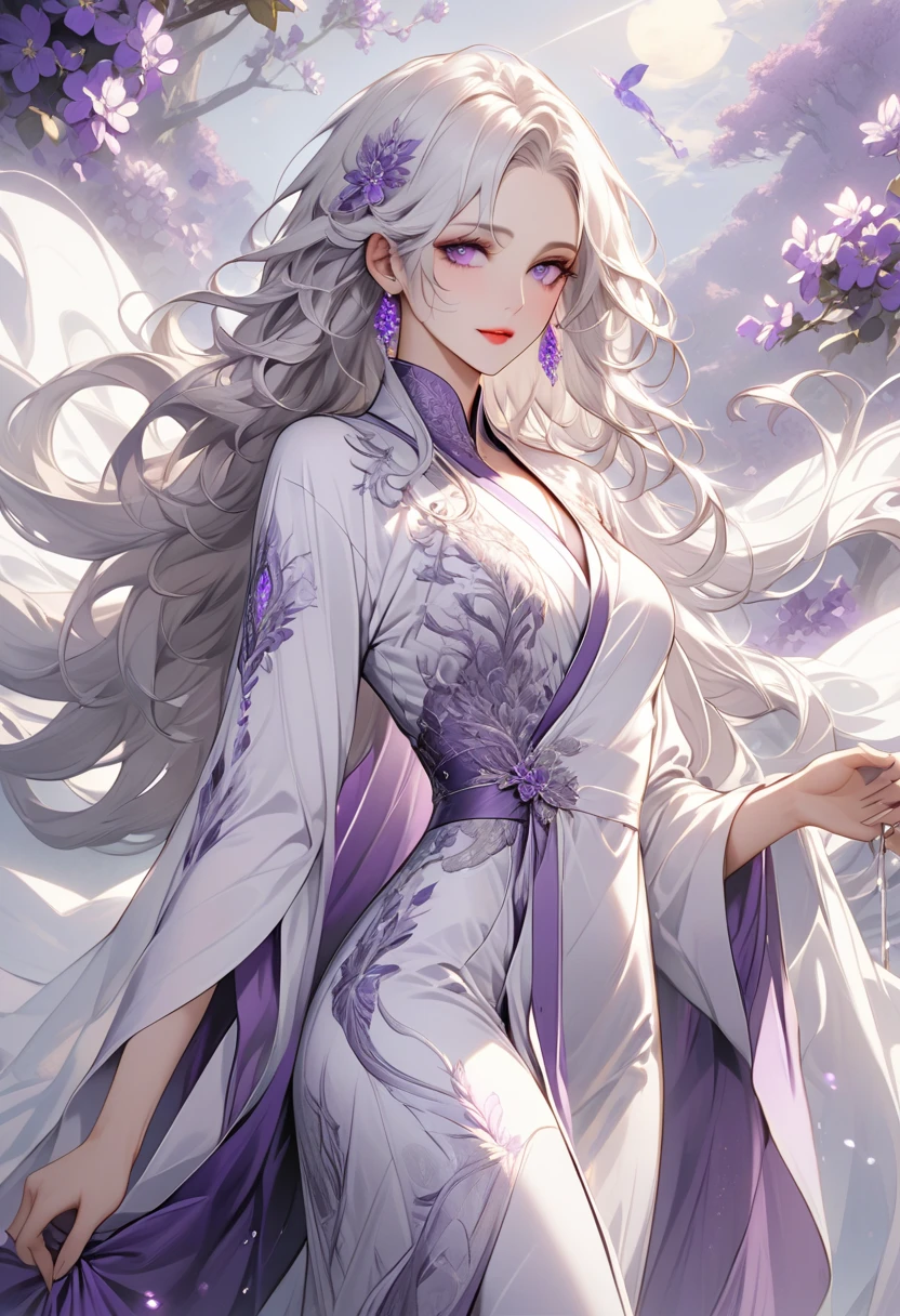 A majestic Being, long, flowing silver-white hair, They possess delicate features and violet eyes that exude elegance and subtle seduction, Refined presence, Flowing purple and silver robe with intricate embroidery, Shimmering and shining attire
