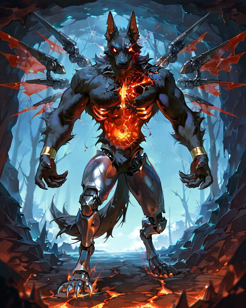 Best Quality, masterpiece, Ultra High Resolution, Detailed Background, (furry male), ( Black Cerberus furry ), metalic body, demonic, underground cave scenery, red glowing eyes, two pair of eyes, Anubis, muscle, (cracked belly:1.2, cracked arms:1.2), cracked chest, solo, male, infernal runes, with black fur, steel ribs, mechanical body, armored legs, metal claws, 4 robotic wings, perfect proportion, good anatomy, perfect anatomy