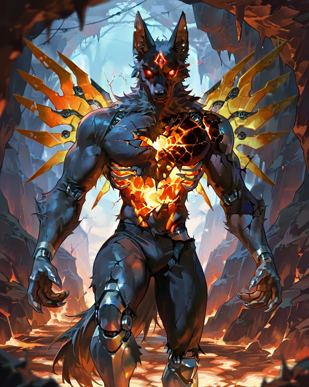 Best Quality, masterpiece, Ultra High Resolution, Detailed Background, (furry male), ( Black Cerberus furry ), metalic body, demonic, underground cave scenery, red glowing eyes, two pair of eyes, Anubis, muscle, (cracked belly:1.2, cracked arms:1.2), cracked chest, solo, male, infernal runes, with black fur, steel ribs, mechanical body, armored legs, metal claws, 4 robotic wings, perfect proportion, good anatomy, perfect anatomy