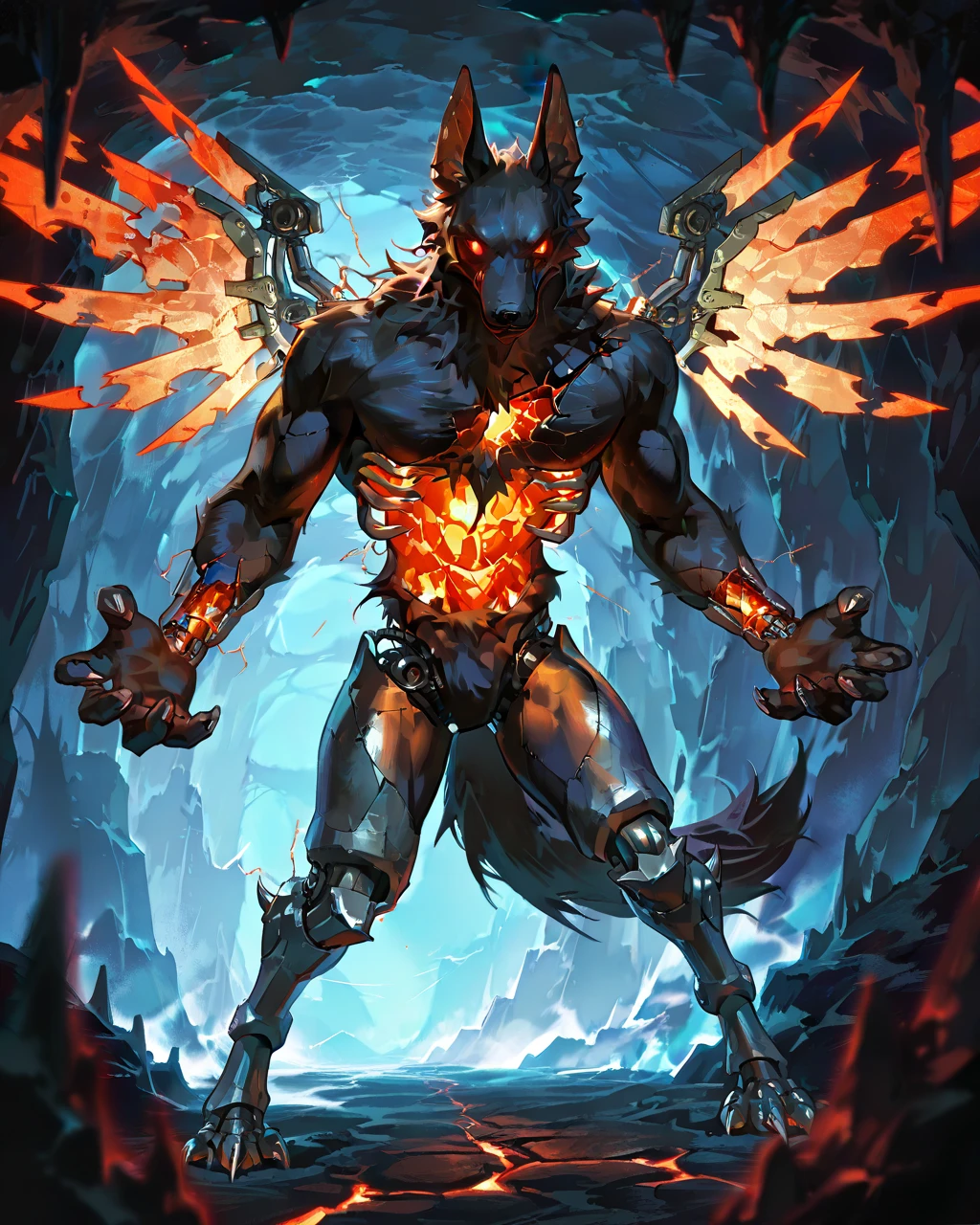 Best Quality, masterpiece, Ultra High Resolution, Detailed Background, (furry male), ( Black Cerberus furry ), metalic body, demonic, underground cave scenery, red glowing eyes, two pair of eyes, Anubis, muscle, (cracked belly:1.2, cracked arms:1.2), cracked chest, solo, male, infernal runes, with black fur, steel ribs, mechanical body, armored legs, metal claws, 4 robotic wings, perfect proportion, good anatomy, perfect anatomy