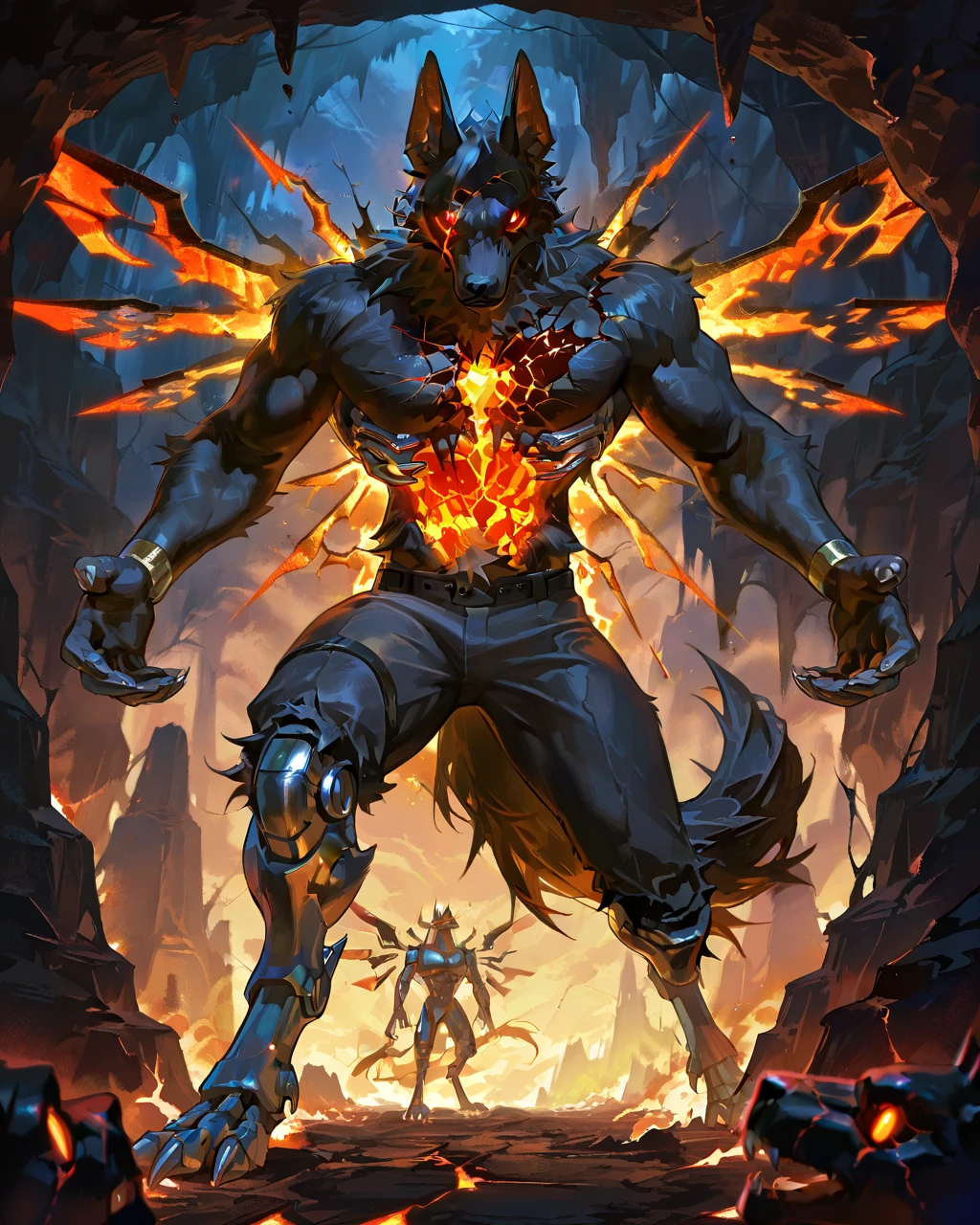 Best Quality, masterpiece, Ultra High Resolution, Detailed Background, (furry male), ( Black Cerberus furry ), metalic body, demonic, underground cave scenery, red glowing eyes, two pair of eyes, Anubis, muscle, (cracked belly:1.2, cracked arms:1.2), cracked chest, solo, male, infernal runes, with black fur, steel ribs, mechanical body, armored legs, metal claws, 4 robotic wings, perfect proportion, good anatomy, perfect anatomy