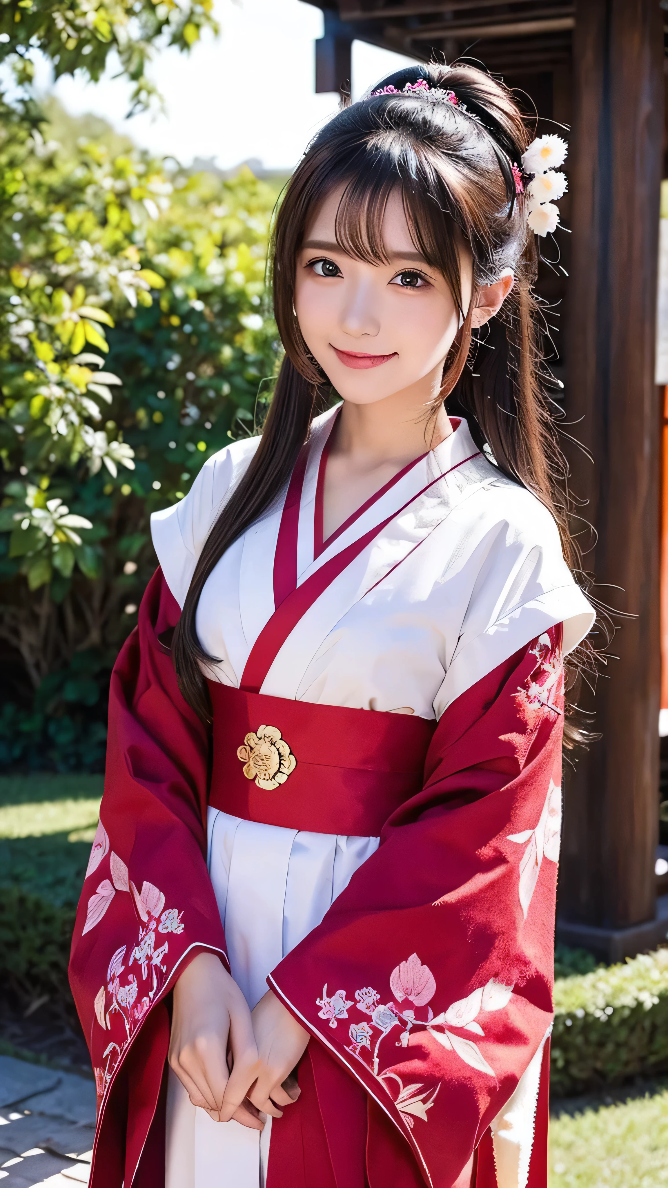  girl wearing shrine maiden costume, Swollen eyes, smile,  face details、Beautiful Shrine Maiden, (Chestnut Hair),  super long hair,  hair accessories, ribbon, white kimono,  red ornament ,  Open Chest Costume, Full body high definition image, throw,  Under Bright Sunlight 。,