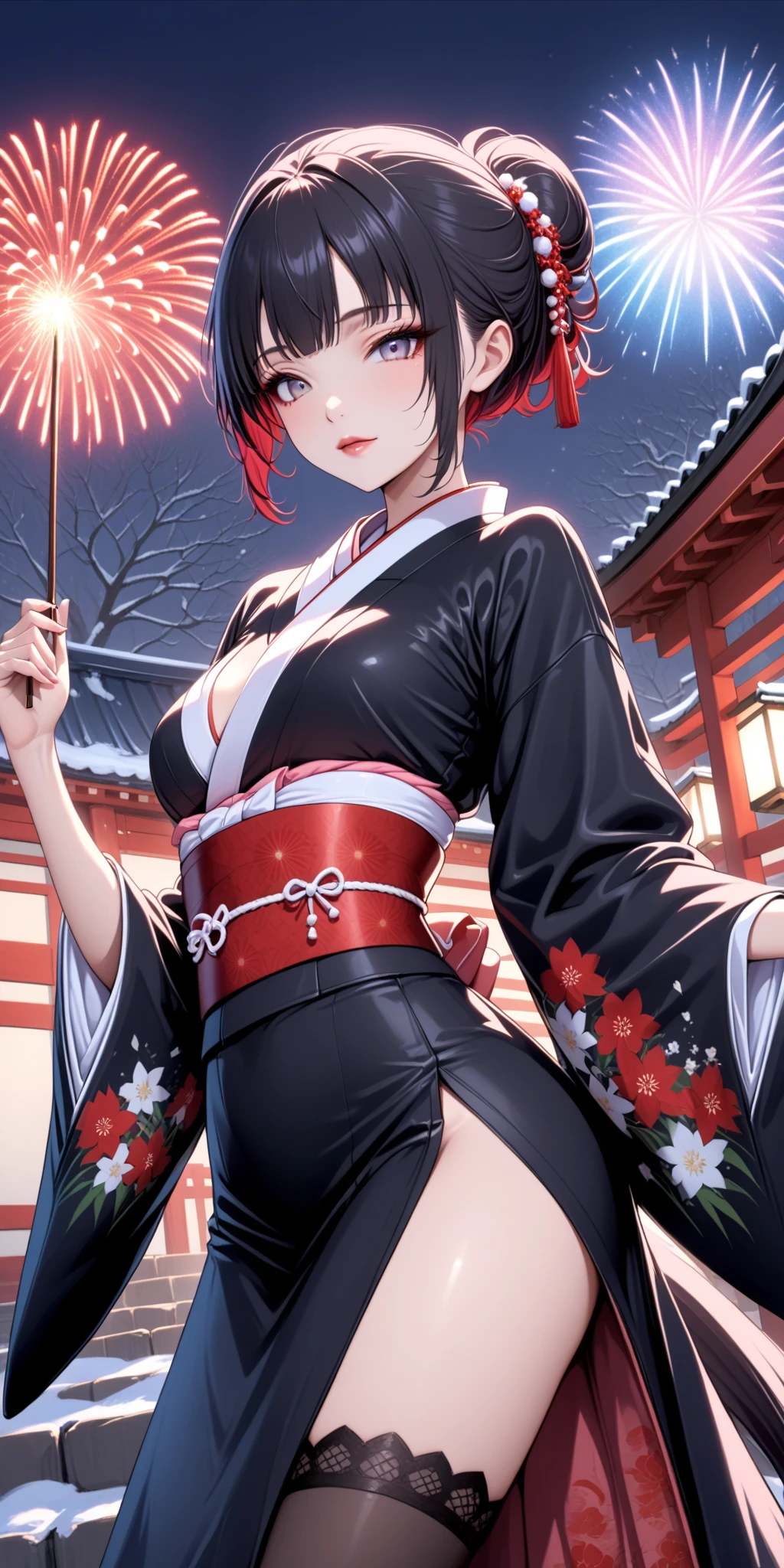 score_9, score_8_up, score_9_up, source_anime, ellenjoe, night, passionless, closed mouth, ellen joe, black hair,  sexy body, colored inner hair, multicolored hair, grey eyes, winter, hair tied back, beautiful face, hair tied up,  black kimono with red flowers pattern, stunning eyes, red hair, short hair, close-up,  two-tone hair, night, new year japanese temple, new year fireworks, morning, nostalgic face, elegant black and red kimono, short kimono, half open kimono, half open kimono, kimono open in the chest, dancing, short skirt kimono, white japanese stocking, small breasts, half opened kimono, red spider lily printing in the kimono, pink obi, winter,  winter dress, long skirt, lace collar, lace, sexy body,  small breasts, two-tone hair,  looking at viewer, beautiful eyes, solo, fantasy world, night, beautiful eyes