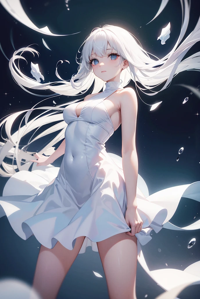 A girl with white hair and high ponytail，Dressed in a long white dress，Black pants，No other decoration，Clean white legs，Bare arms，Simple skirt，Clothing not fitting，Princess dress