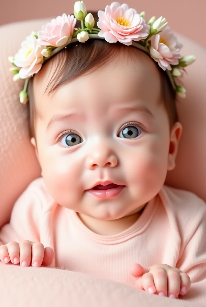 (high resolution, ultra detailed, realistic: 1.2), close-up, 1 month old baby laughing out loud, beautiful and detailed eyes, adorable facial expression, fair skin, soft pink cheeks, delicate features, happy and cheerful, innocent and pure, full of life and curiosity, bright eyes, full and rosy lips, small nose, baby hair, flawless complexion, cute and plump face, amazement and wonder in the eyes, soft and tender skin, natural and soft lighting, portrait style, harmonious color palette Soft and pastel tones, happiness and joy captured in every detail.