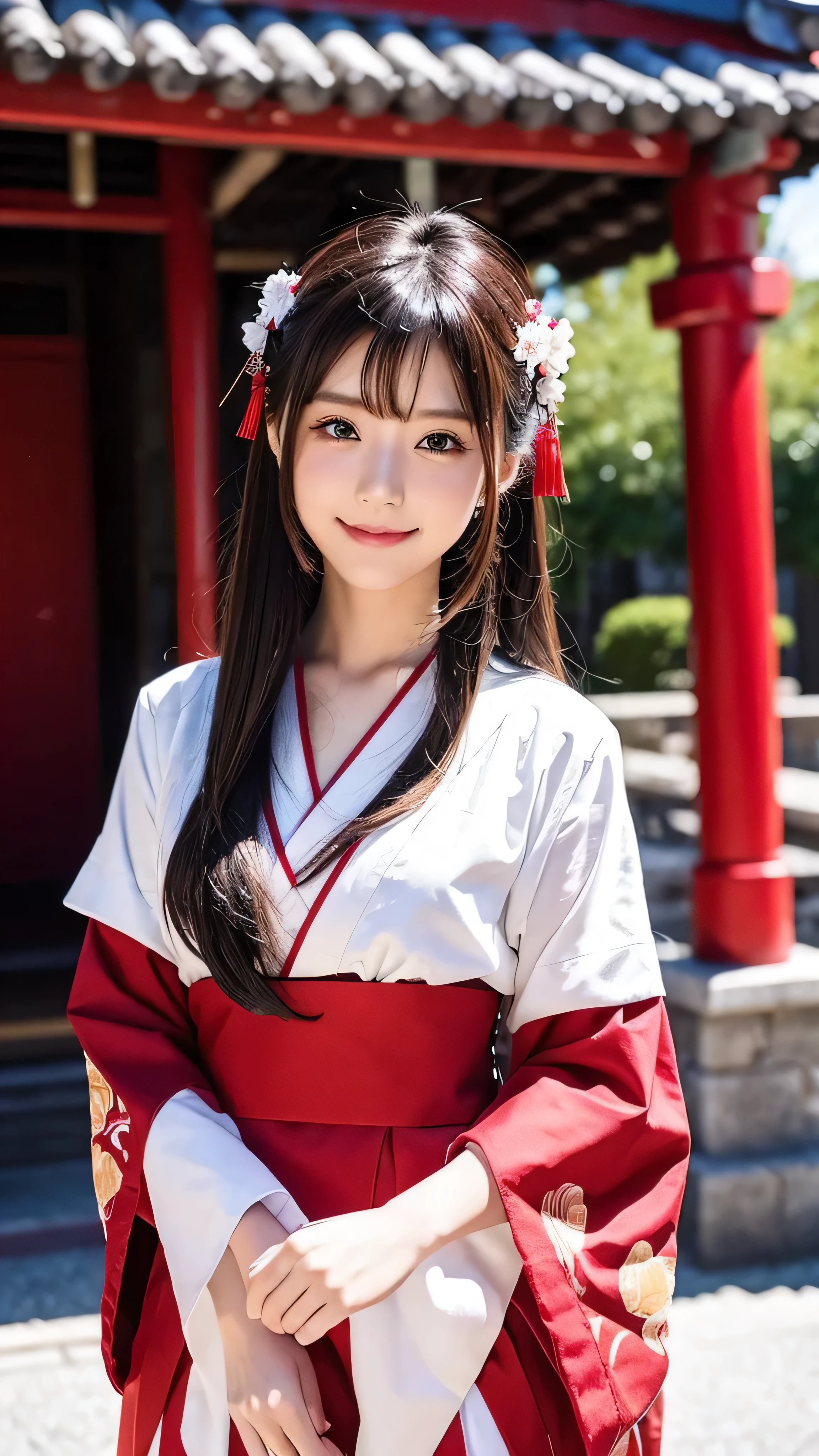  girl wearing shrine maiden costume, Swollen eyes, smile,  face details、Beautiful Shrine Maiden, (Chestnut Hair),  super long hair,  hair accessories, ribbon, white kimono,  red ornament ,  Open Chest Costume, Full body high definition image, throw,  Under Bright Sunlight 。,