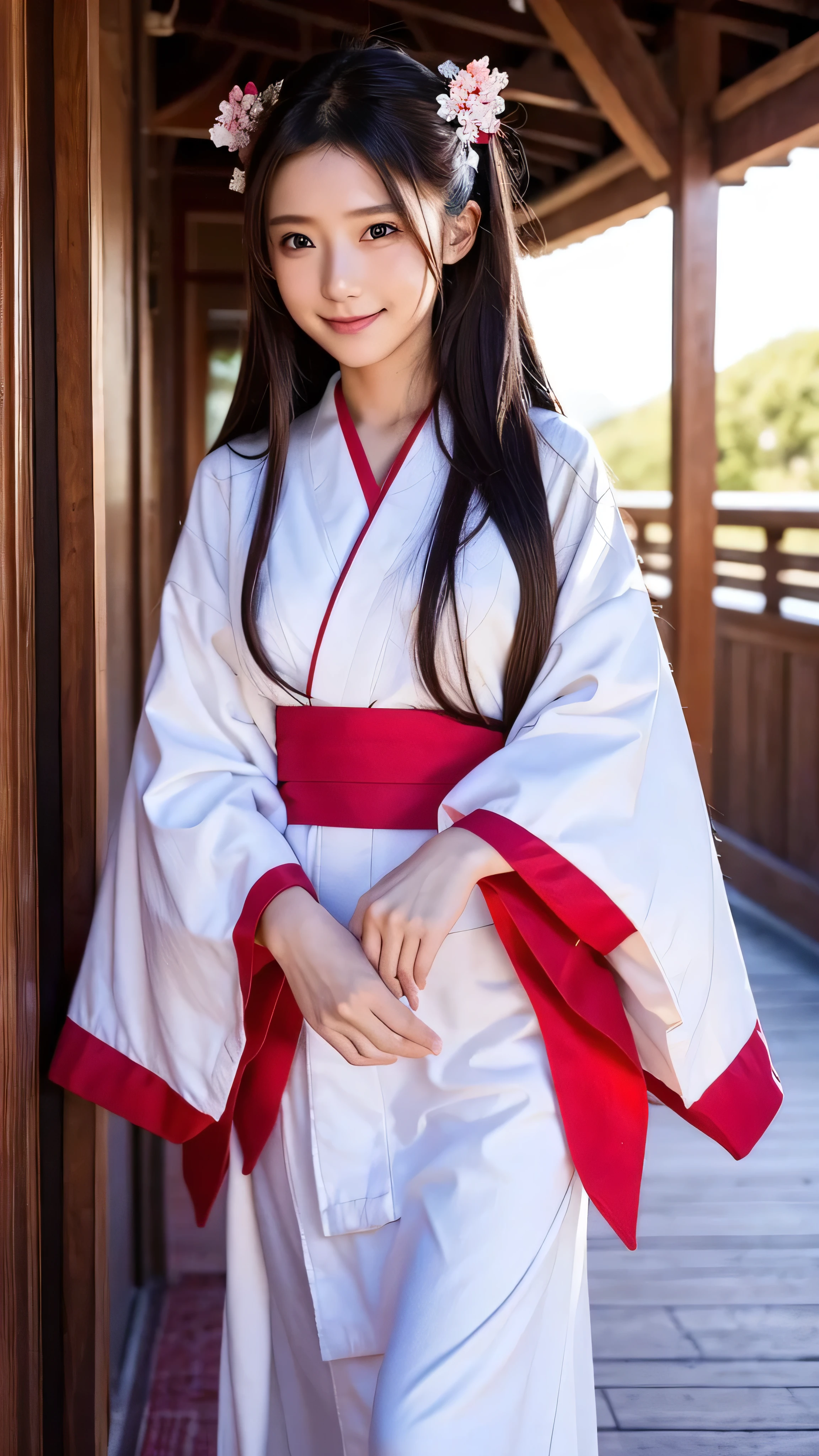  girl wearing shrine maiden costume, Swollen eyes, smile,  face details、Beautiful Shrine Maiden, (Chestnut Hair),  super long hair,  hair accessories, ribbon, white kimono,  red ornament ,  Open Chest Costume, Full body high definition image, throw,  Under Bright Sunlight 。,